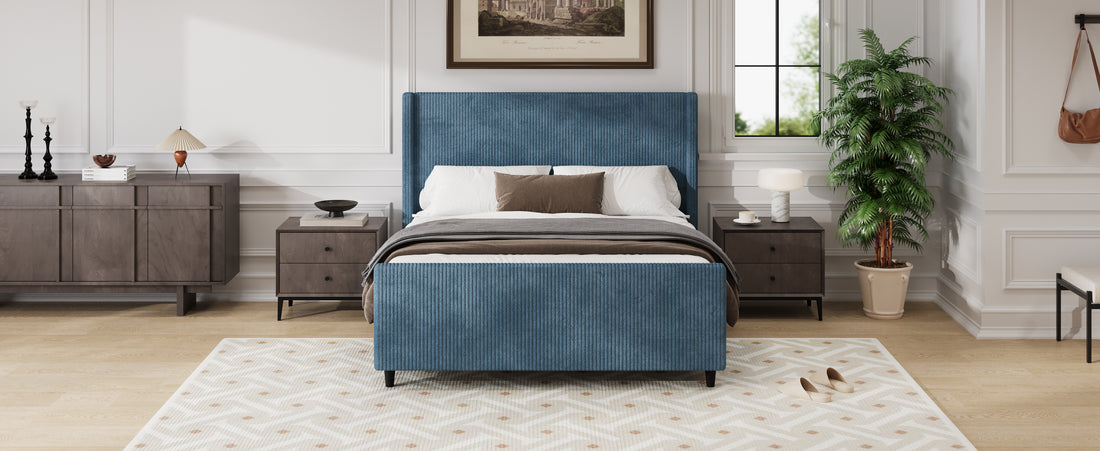 50.7'' High Headboard Corduroy Upholstered Bed Frame With Vertical Stripe Wingback And High Footboard No Box Spring Needed, Queen Size, Blue Box Spring Not Required Queen Blue Wood Bedroom Modern