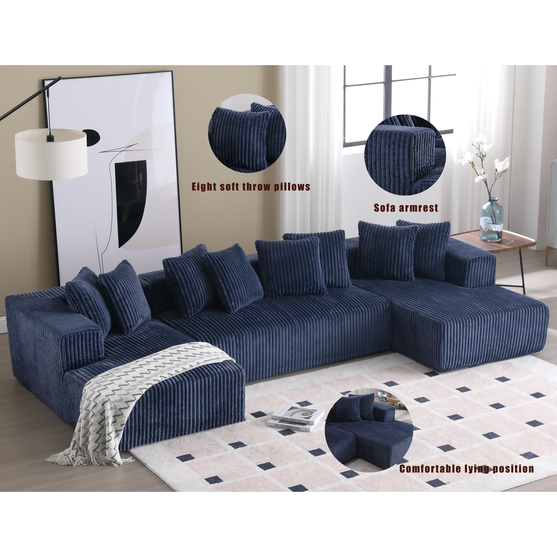 Arrived 131'' Modular Sectional Couch, U Shaped Sofachaise Lounge, Striped Fabric,Upholstered 4 Seater Couch For Living Room, Bedroom, Free Combination Sofa Corduroy , Blue Blue Polyester Primary Living Space Soft Modern Square Arms Foam Upholstered 4