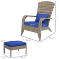 Outsunny Patio Wicker Adirondack Chair With Ottoman, Outdoor Fire Pit Chair With Cushions, High Back, Large Seat & Armrests For Deck, Garden & Backyard, Dark Blue Blue Steel