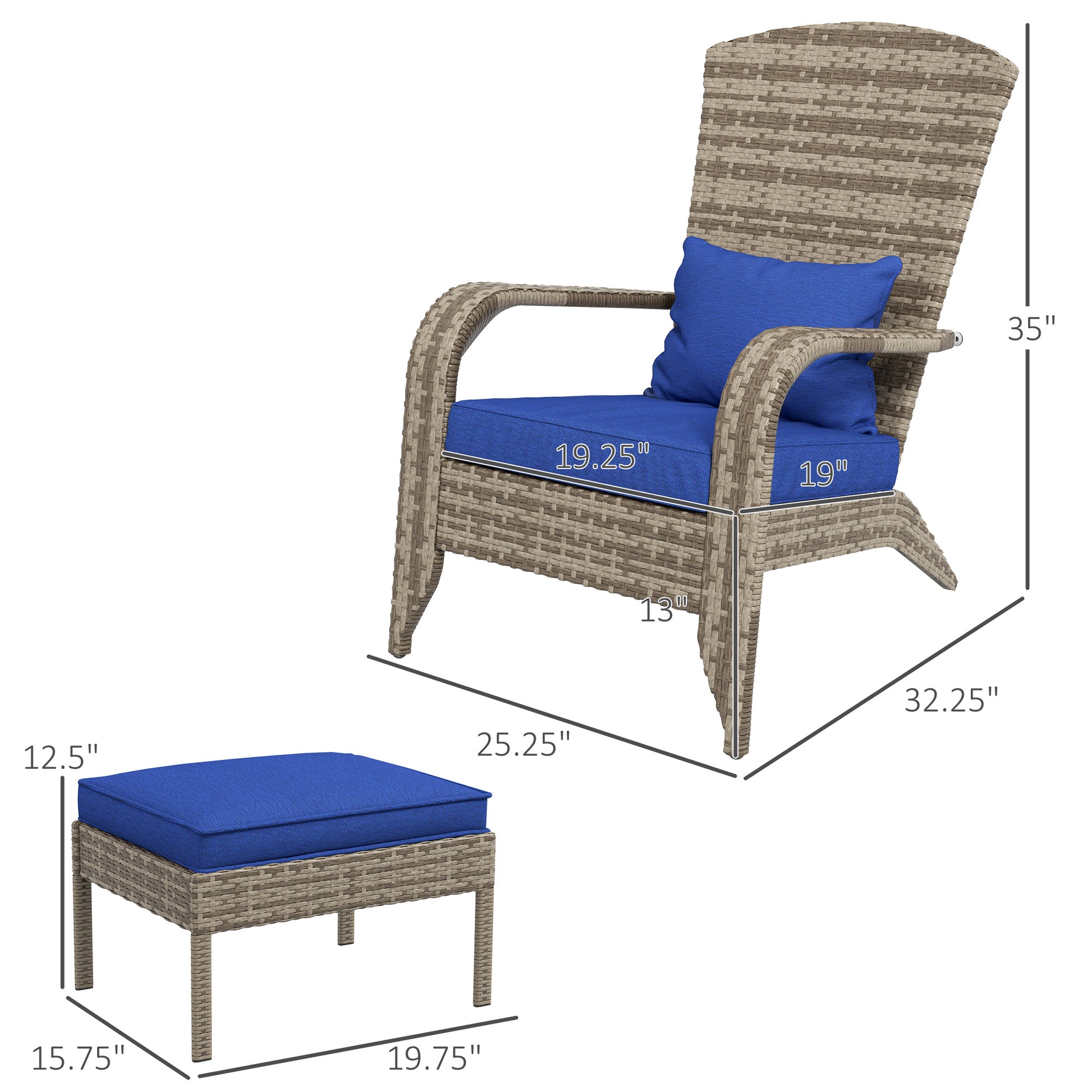 Outsunny Patio Wicker Adirondack Chair With Ottoman, Outdoor Fire Pit Chair With Cushions, High Back, Large Seat & Armrests For Deck, Garden & Backyard, Dark Blue Blue Steel