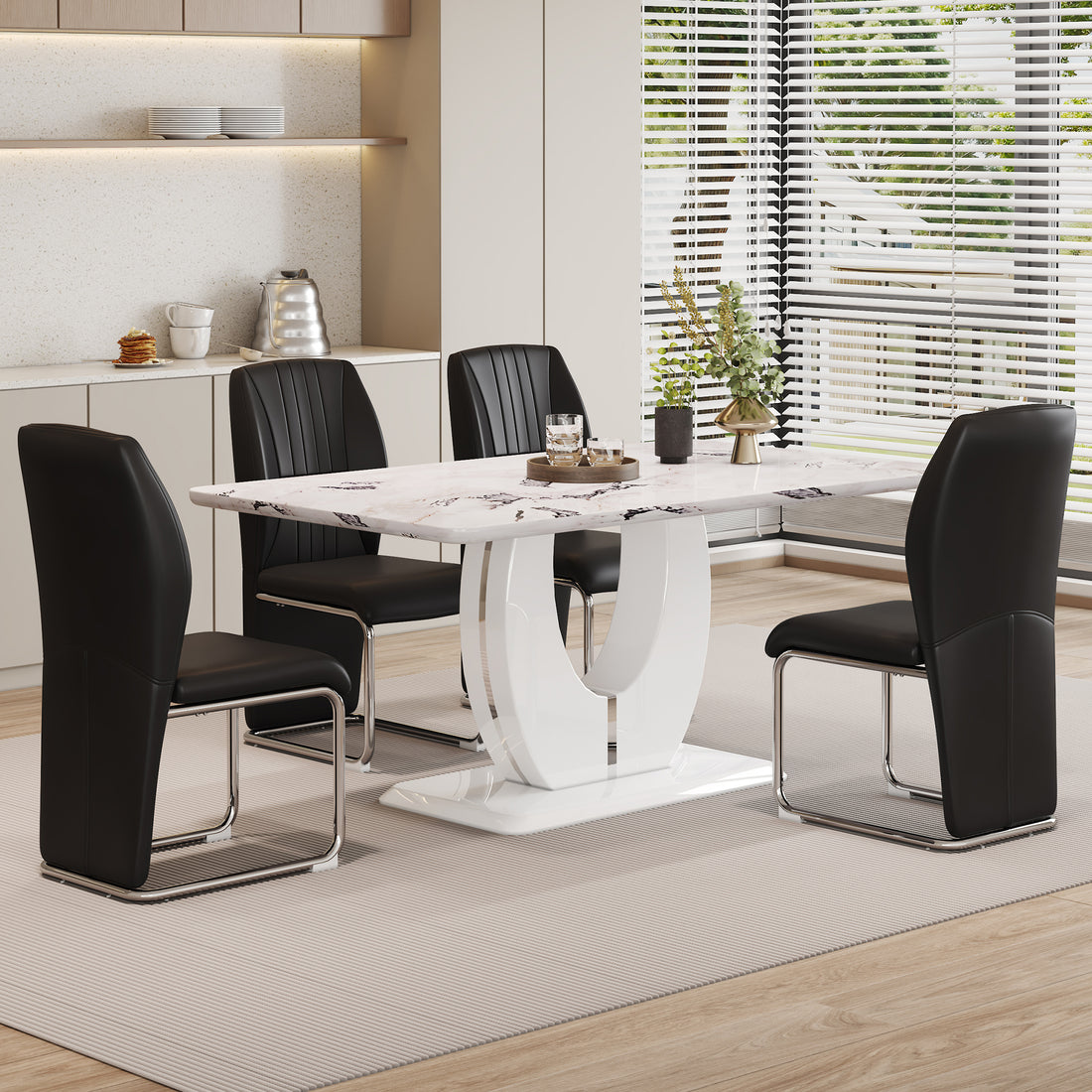 Table And Chair Set, Modern Luxurious White Imitation Marble Pattern Mdf Dining Table,Rectangular Dining Table, Matched With Uniquely Shaped Pu High Backrest Seats,Suitable For Various Occasions. White Black Seats 4 Mdf