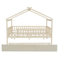 Full Size Wooden House Bed With Twin Size Trundle, Natural Full Natural Solid Wood Mdf