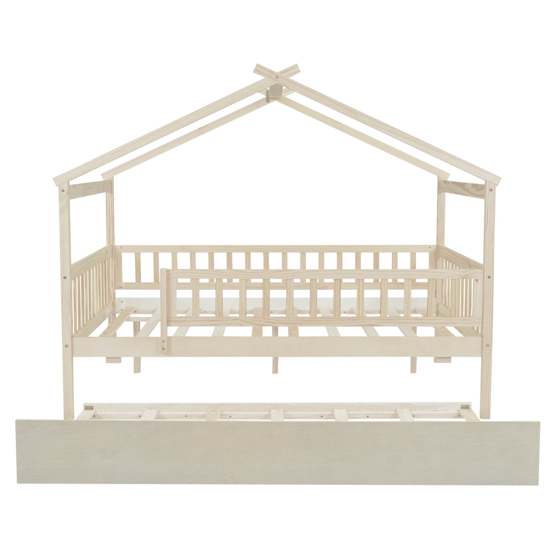 Full Size Wooden House Bed With Twin Size Trundle, Natural Full Natural Solid Wood Mdf
