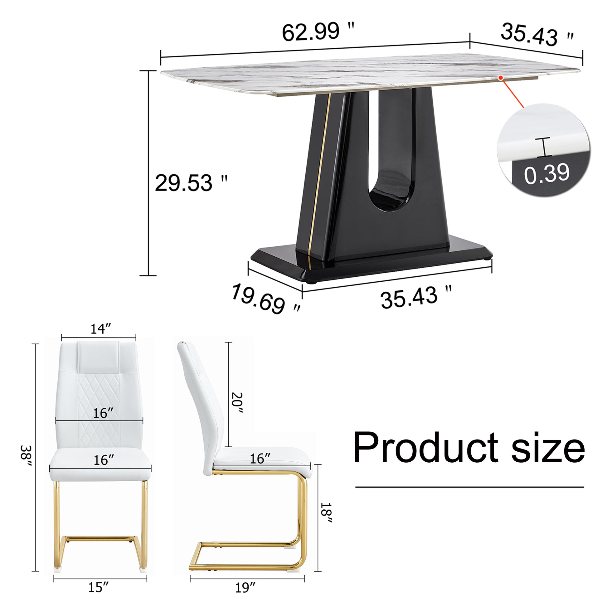 Table And Chair Set, Modern And Minimalist Dining Table, Imitation Marble Patterned Tabletop, Mdf Legs With U Shaped Brackets. Paired With Comfortable Chairs, Suitable For Dining And Living Rooms. Black Gold Mdf Glass
