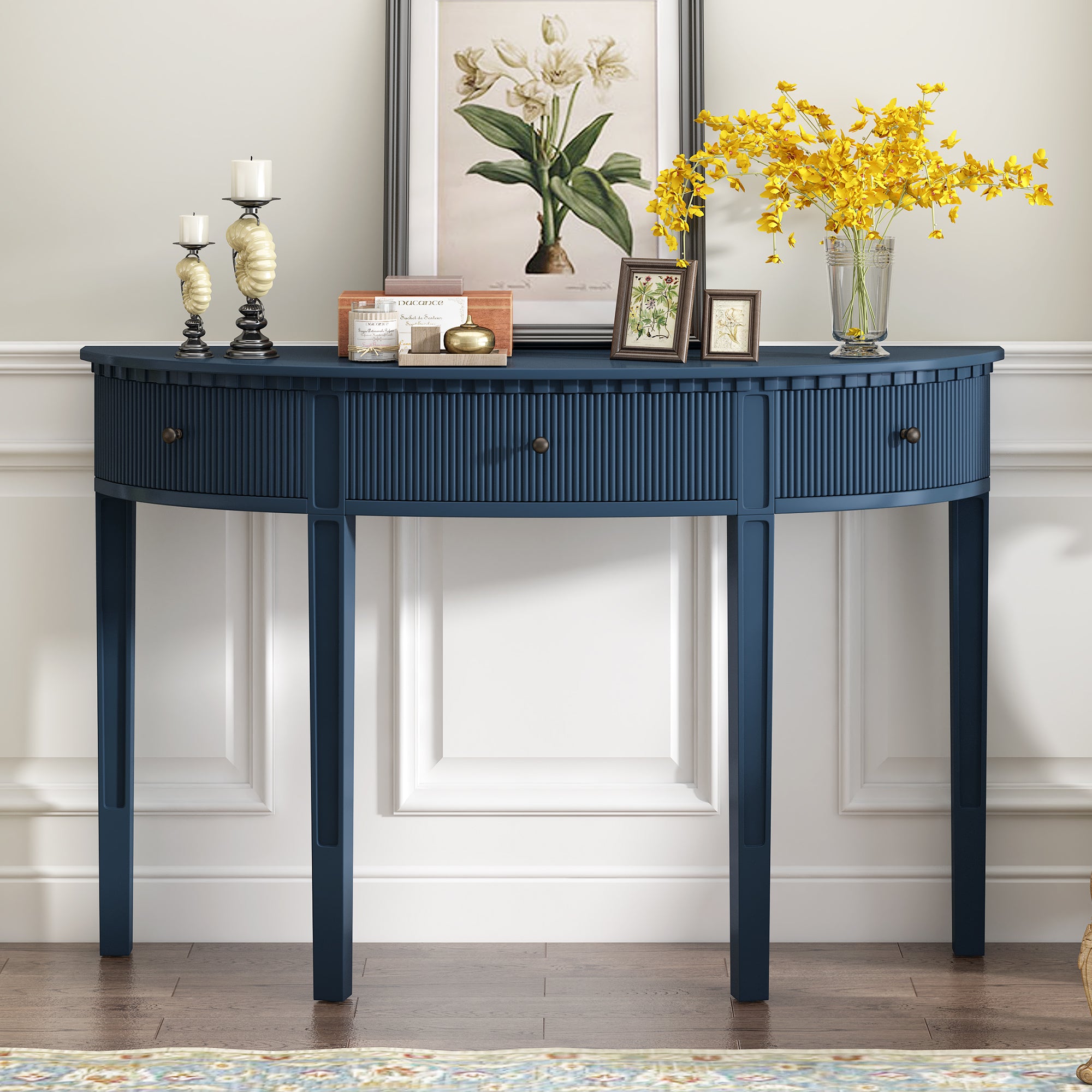 Distinctive Features Of Pine Veneer Console Table With Vertical Stripe Drawer Fronts And Four Legs Navy Blue Primary Living Space Minimalist Mdf