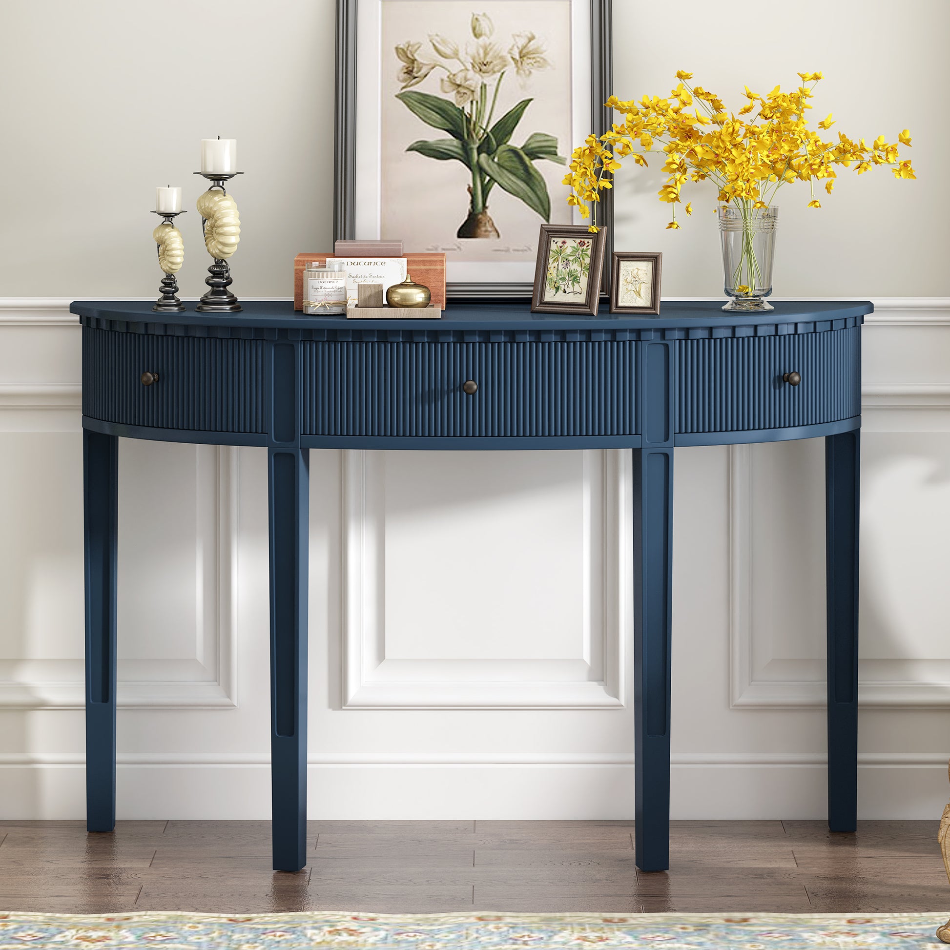 Distinctive Features Of Pine Veneer Console Table With Vertical Stripe Drawer Fronts And Four Legs Navy Blue Primary Living Space Minimalist Mdf