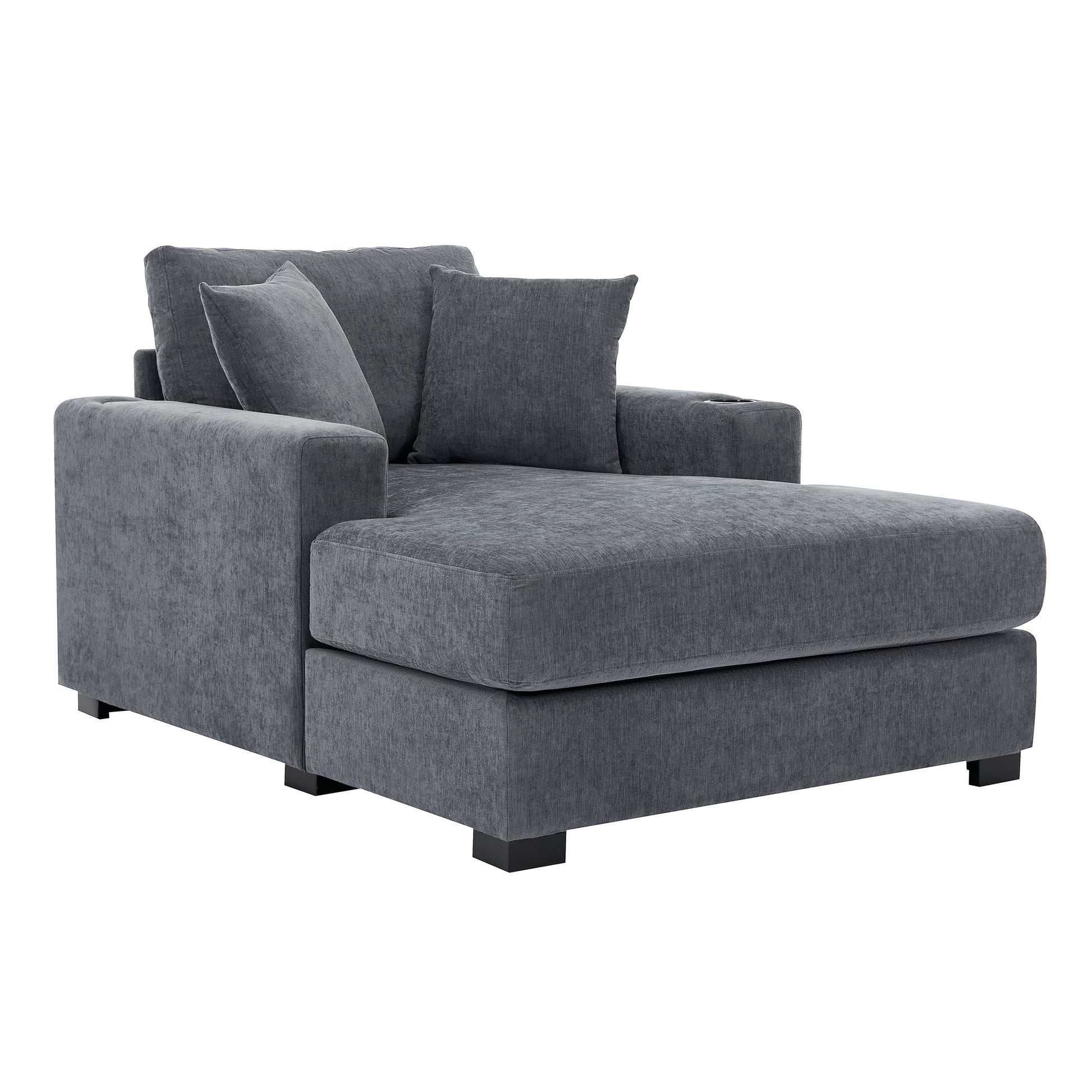 43.5" Oversized Chaise Lounger Modern Style Sofa Couch ,With Pillows, Charge Station & Cup Holders, Chenille Fabric, Blue Gray Blue Gray Chenille