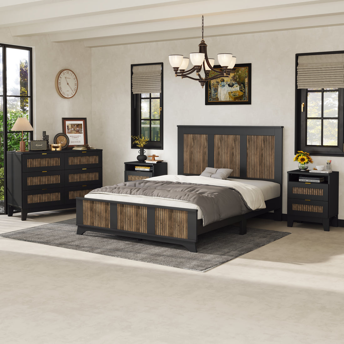 4 Pieces Bedroom Sets, Queen Size Farmhouse Platform Bed With Wooden Strip Decoration, Storage Nightstand And Dresser With Metal Handle, Black Queen Black 4 Piece Set Particle Board