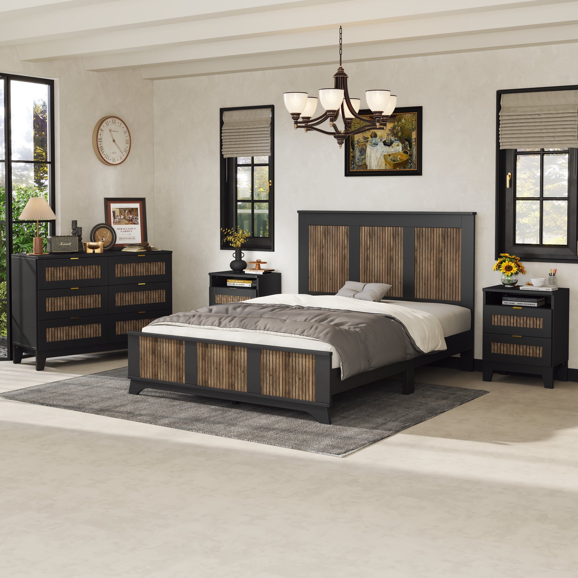 4 Pieces Bedroom Sets, Queen Size Farmhouse Platform Bed With Wooden Strip Decoration, Storage Nightstand And Dresser With Metal Handle, Black Queen Black 4 Piece Set Particle Board