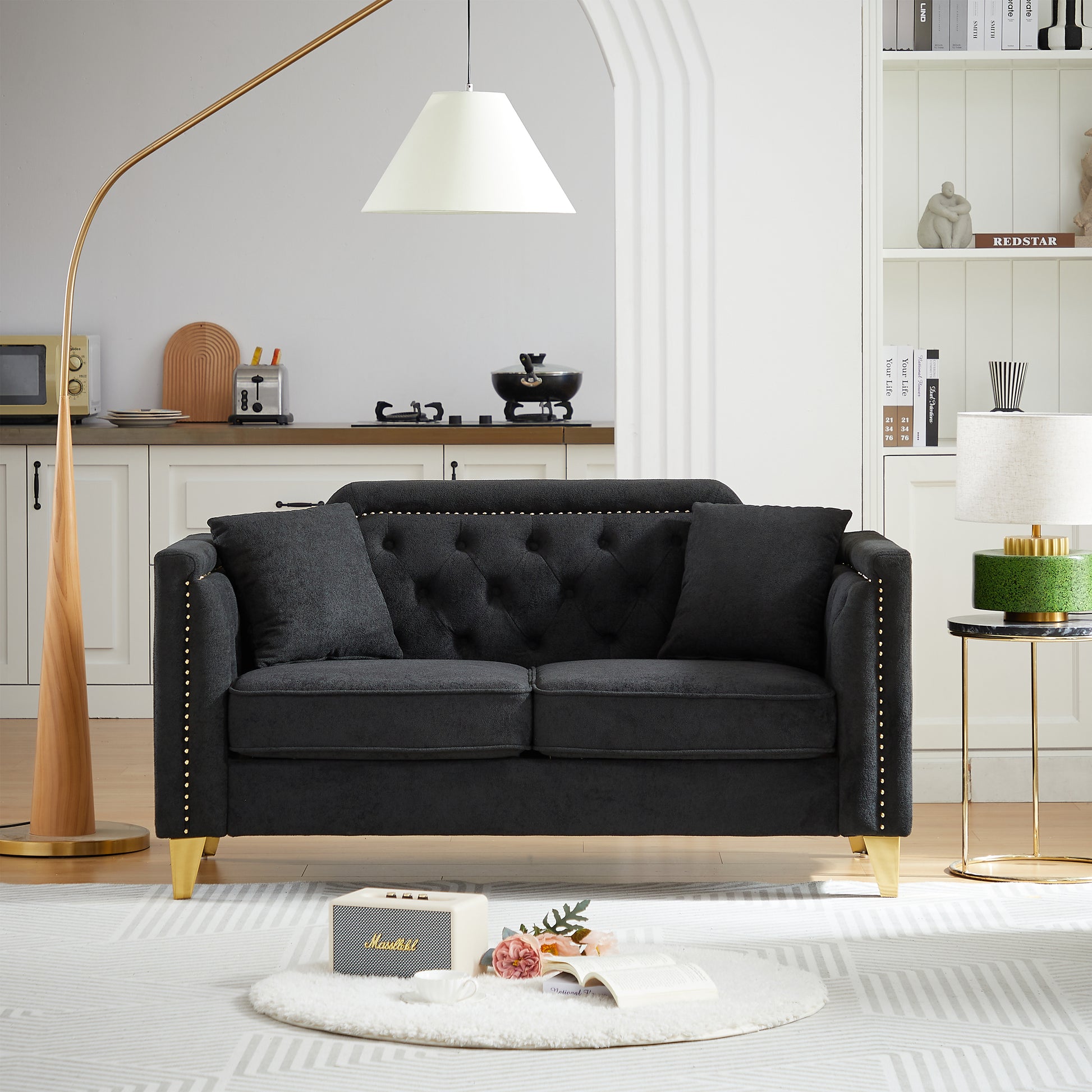 Fx 61.5"Mid Century Design Modern Sofa,Chenille Pull Buckle Design Sofa For Living Room,Buttons Tufted With Copper Nail Decoration Armrest, With 2 Pillows,Modern Couch Upholstered Button And Metal Leg Black Chenille Wood Pine Foam Fabric 2 Seat