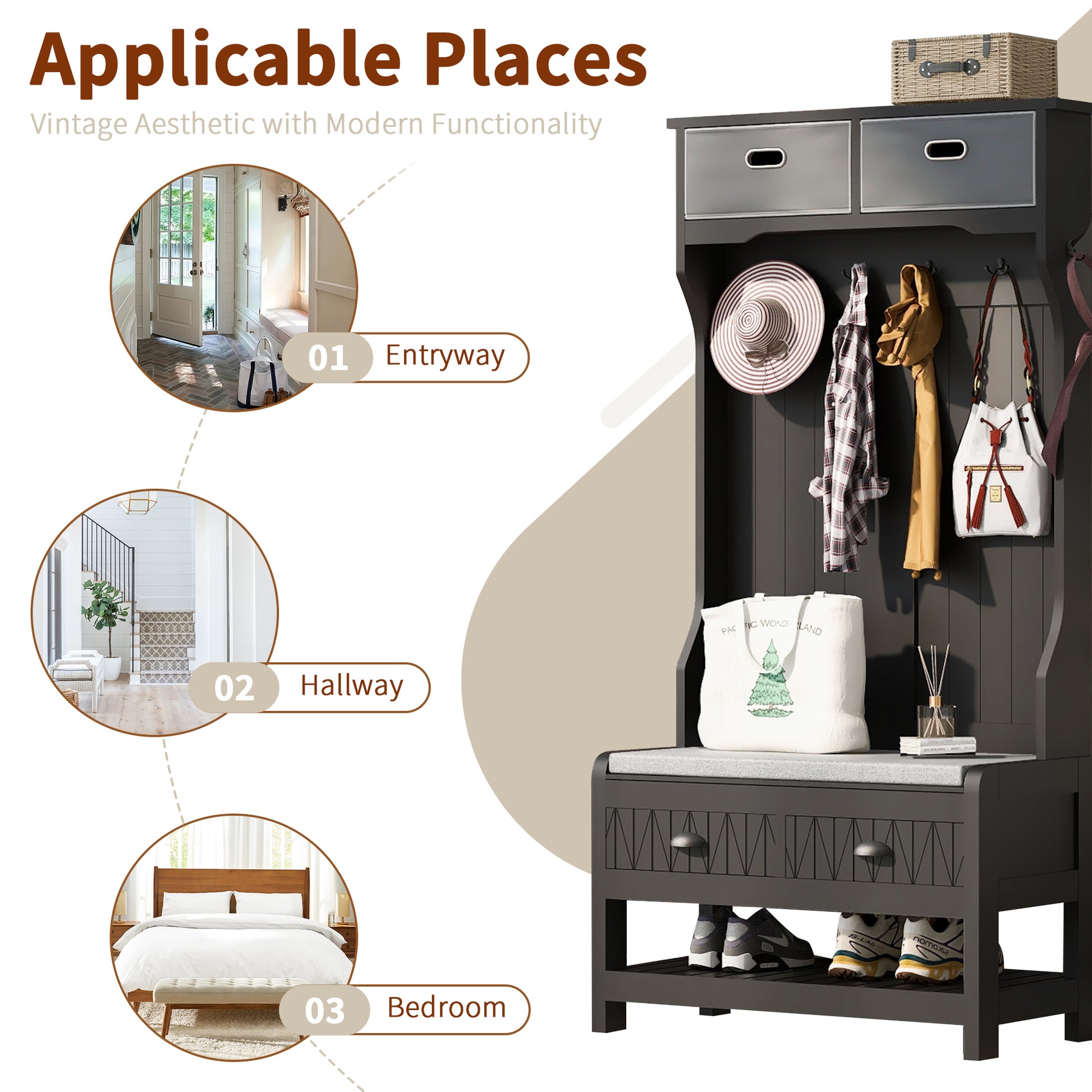 Hall Tree With 6 Hooks And Hinged Lid, Coat Hanger, Entryway Bench, Storage Bench, 3 In 1 Design, 69Inch, For Entrance, Hallway Black Mdf