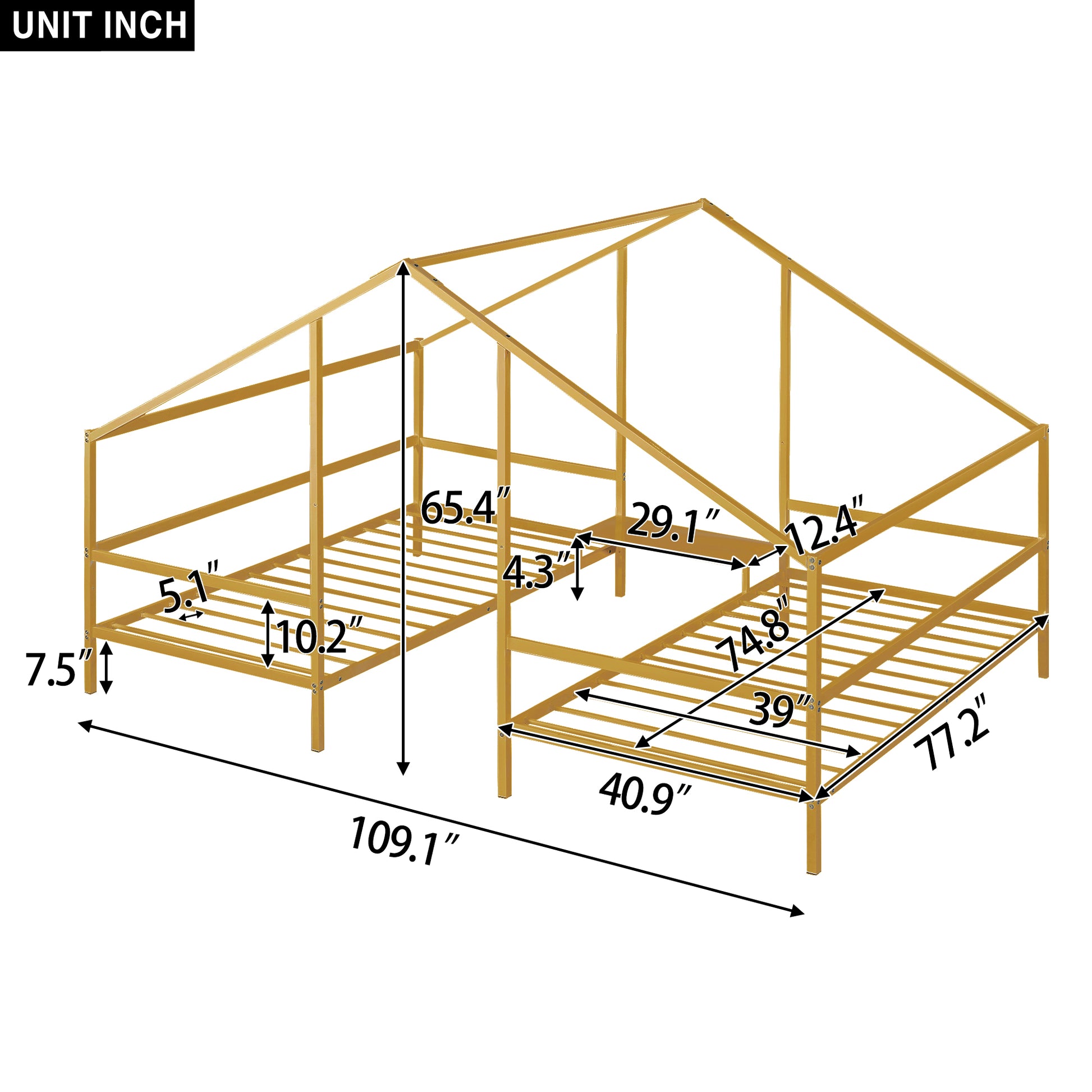 Metal Double Twin Size Triangular House Beds With Built In Table, Gold Box Spring Not Required Twin Gold Metal Metal