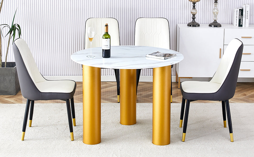 Table And Chair Set, Round Table With White Marble Pattern, Gold Mdf Table Legs, Soft And Comfortable Dining Chair, Suitable For Kitchen And Living Room White Mdf
