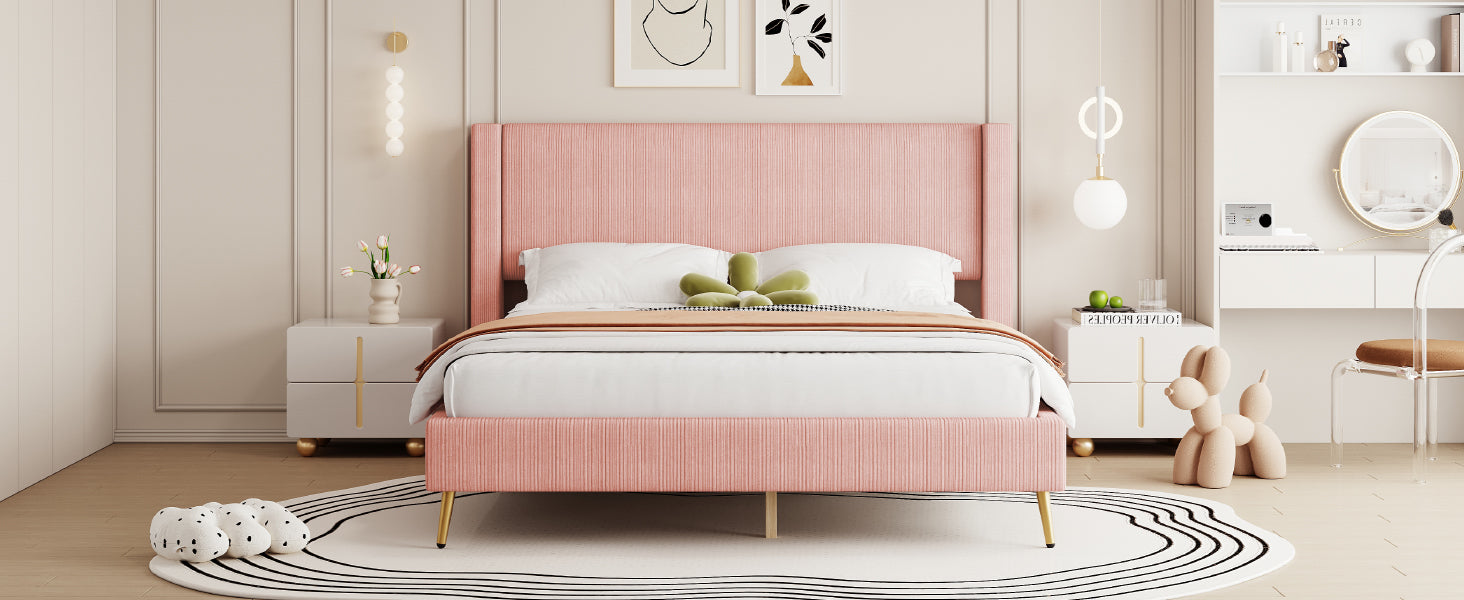 Queen Size Corduroy Platform Bed With Metal Legs, Pink Old Sku:Wf300238Aah Queen Pink Corduroy