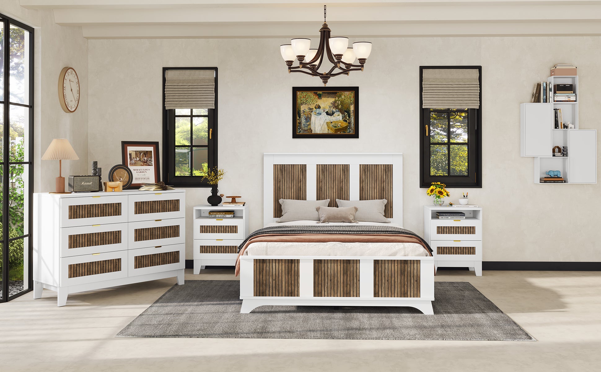 4 Pieces Bedroom Sets, Full Size Farmhouse Platform Bed With Wooden Strip Decoration, Storage Nightstand And Dresser With Metal Handle, White Full White 4 Piece Set Particle Board