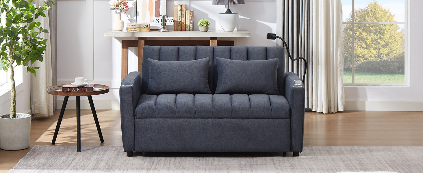 55.9" Convertible Sofa Bed Loveseat Sofa With Three Usb Ports, Two Side Pockets, Two Cup Holders And 360 Swivel Phone Holder For Living Room, Blue Grey Blue Gray Foam Polyester