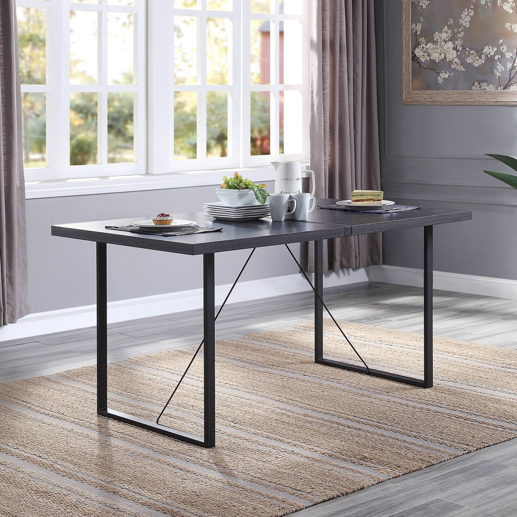 Grey Oak And Black Dining Table With Sled Base Black Dining Room Rectangular Wood Metal Sled