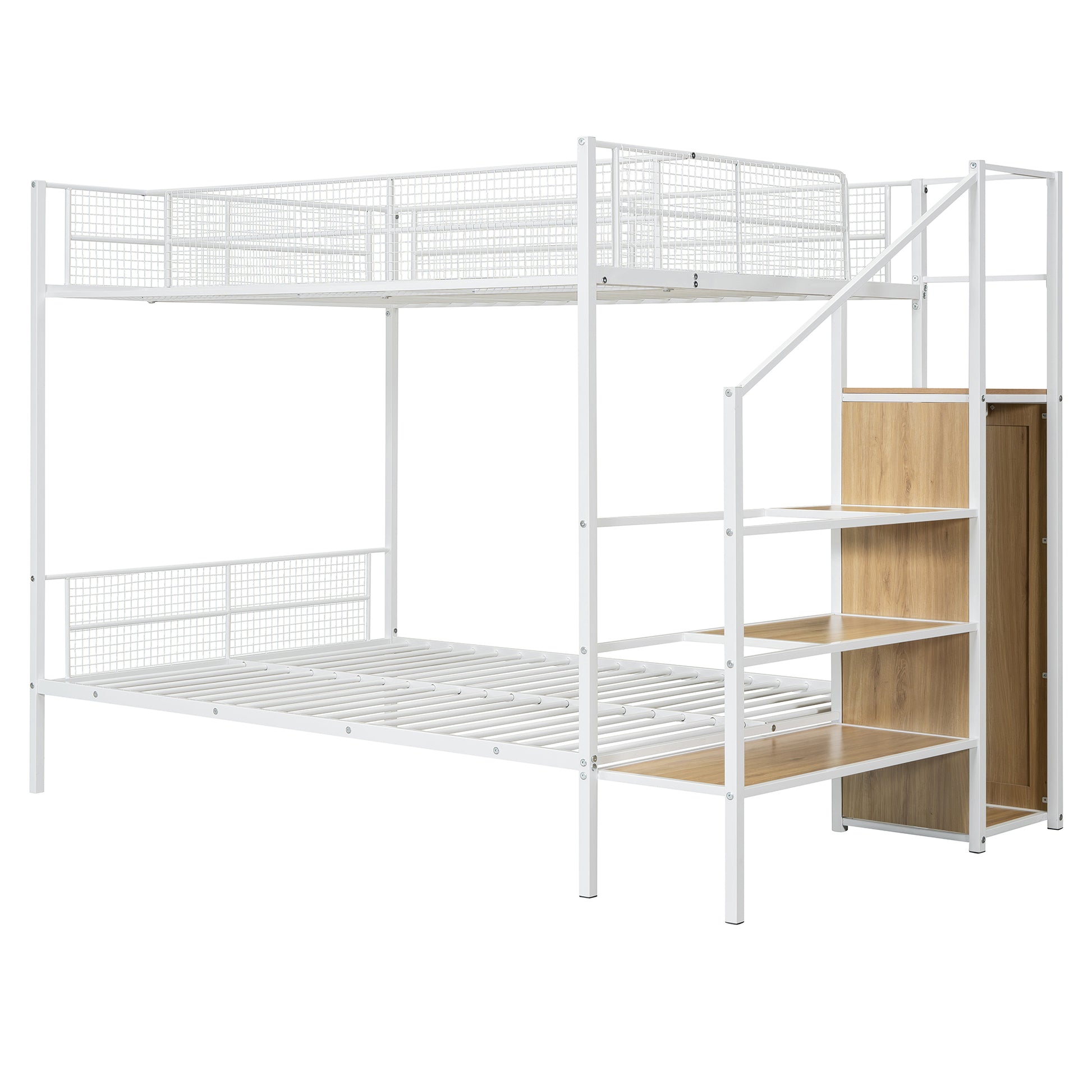 Twin Over Full Metal Bunk Bed With Wire Shelving And Lateral Storage Ladder And Wardrobe, White White Metal
