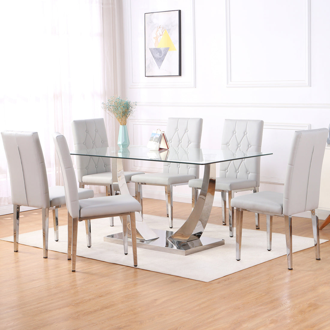 Table And Chair Set, Modern Dining Table, Tempered Glass Tabletop And Silver Colored Leg Table, Soft And Comfortable Dining Chair, Perfect For Dinner, Meetings, Home And Office Decor Gray Seats 6 Glass