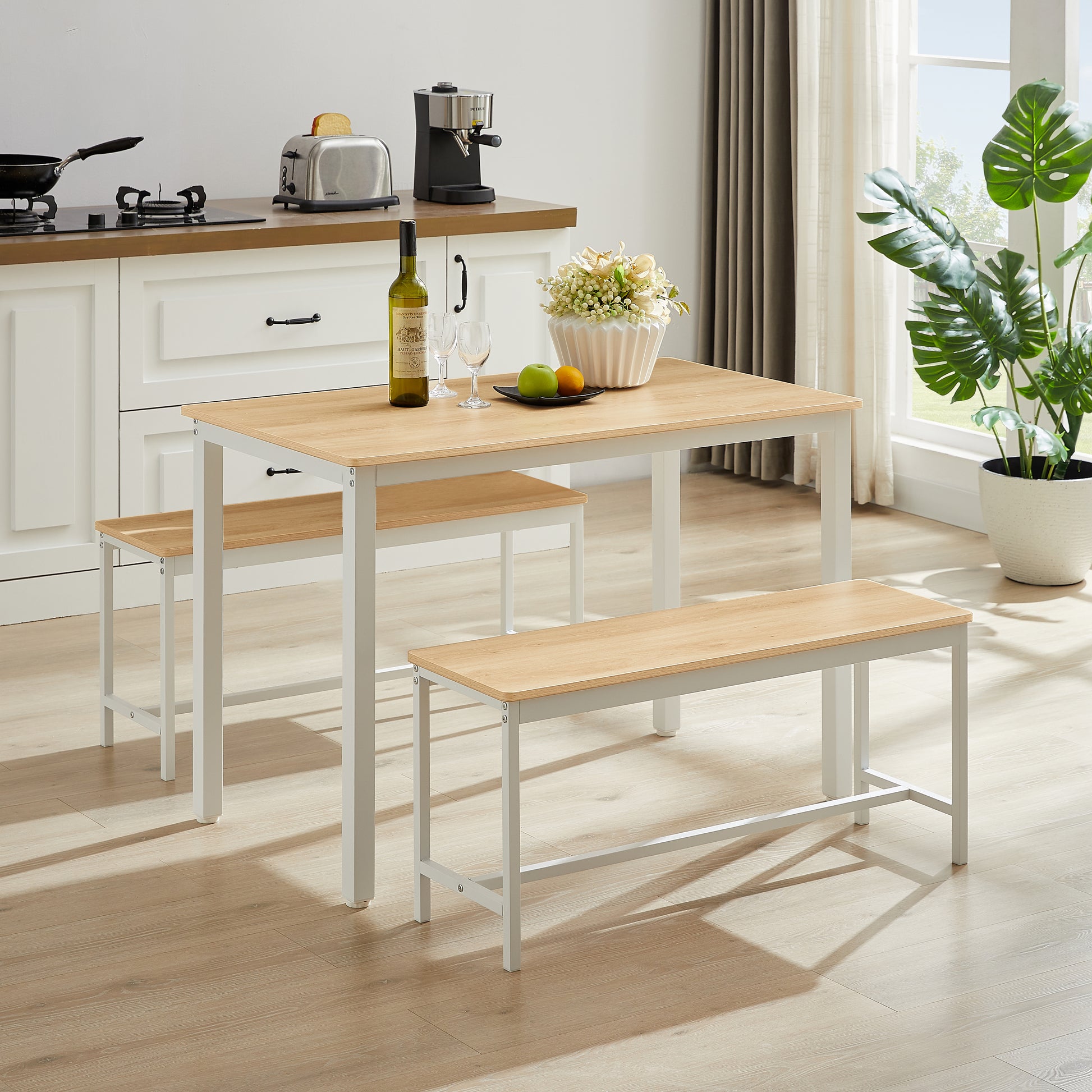Dining Table Set, Bar Table With 2 Dining Benches, Kitchen Table Counter With Chairs, Industrial For Kitchen Breakfast Table, Living Room, Party Room, Natural And White43.3 L X23.6 W X 29.9 H White Natural Particle Board
