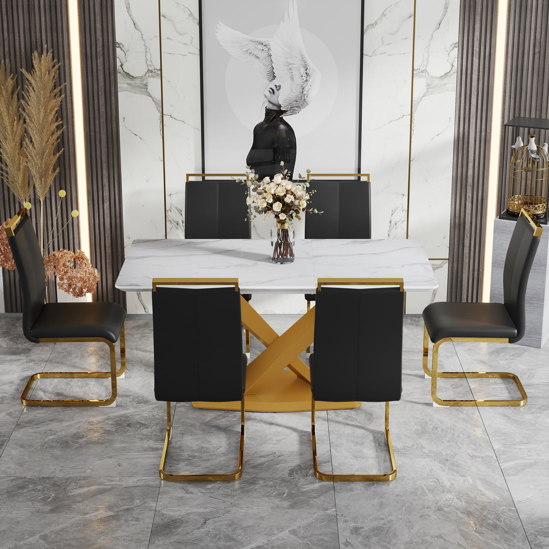 Table And Chair Set, The Table Is Equipped With A Marble Patterned Mdf Tabletop And Gold Table Legs.The Chair Is Equipped With Pu Synthetic Leather High Back Cushion And Gold Coated Metal Legs. Gold Black Seats 6 Mdf Metal