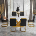 Table And Chair Set, The Table Is Equipped With A Marble Patterned Mdf Tabletop And Gold Table Legs.The Chair Is Equipped With Pu Synthetic Leather High Back Cushion And Gold Coated Metal Legs. Gold Black Seats 6 Mdf Metal