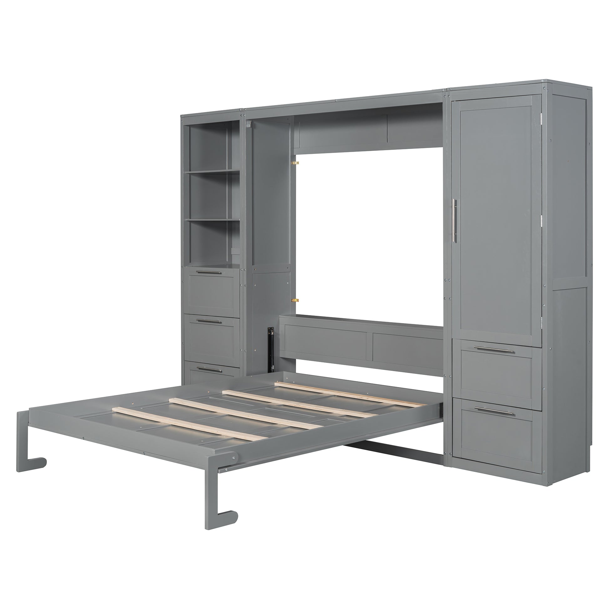 Queen Size Murphy Bed Wall Bed With Closet ,Drawers And Shelves,Gray Queen Gray Mdf Lvl