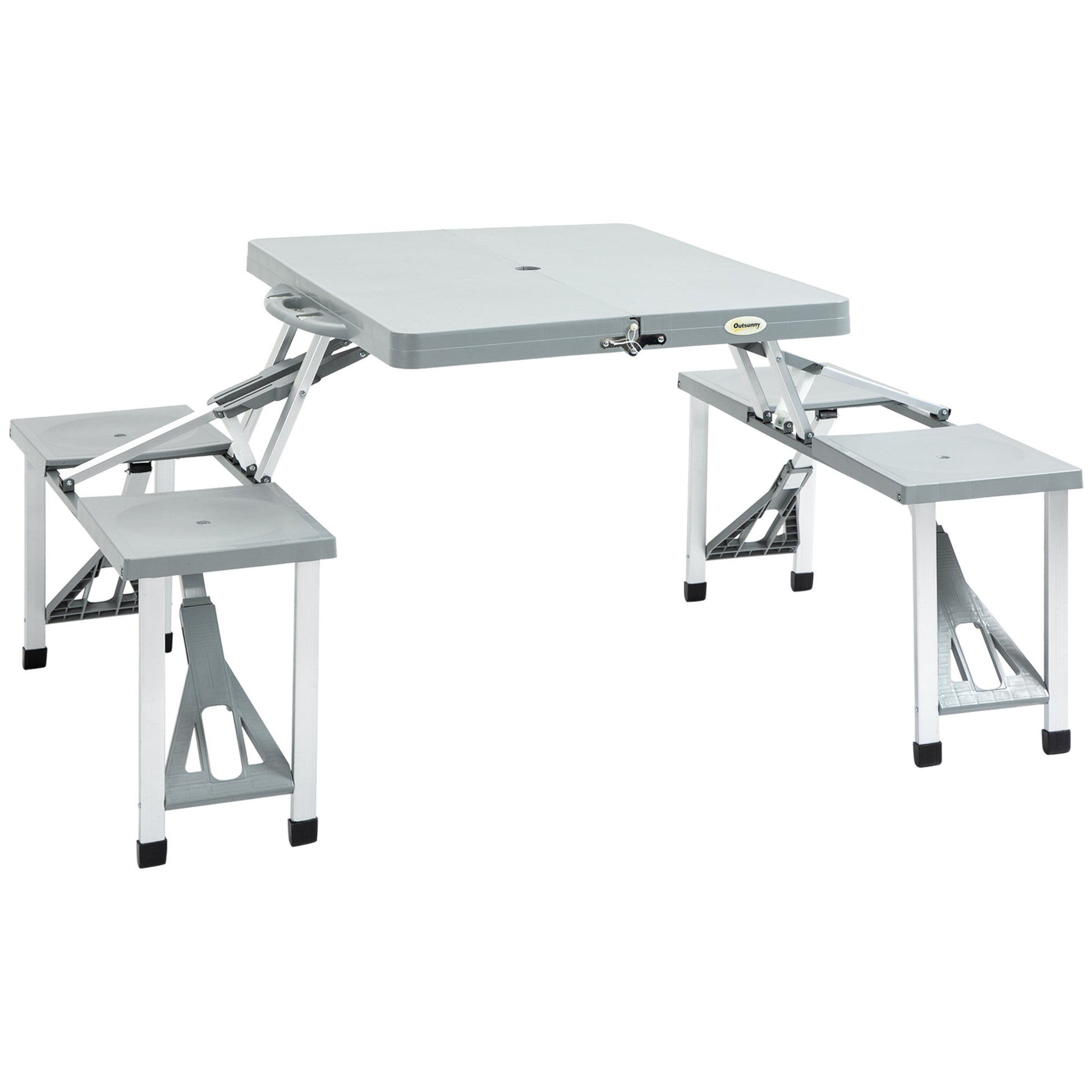 Outsunny Folding Picnic Table With Seats And Umbrella Hole, Portable Camping Chairs Set, 4 Seat, Aluminum Frame, Gray Grey Aluminum