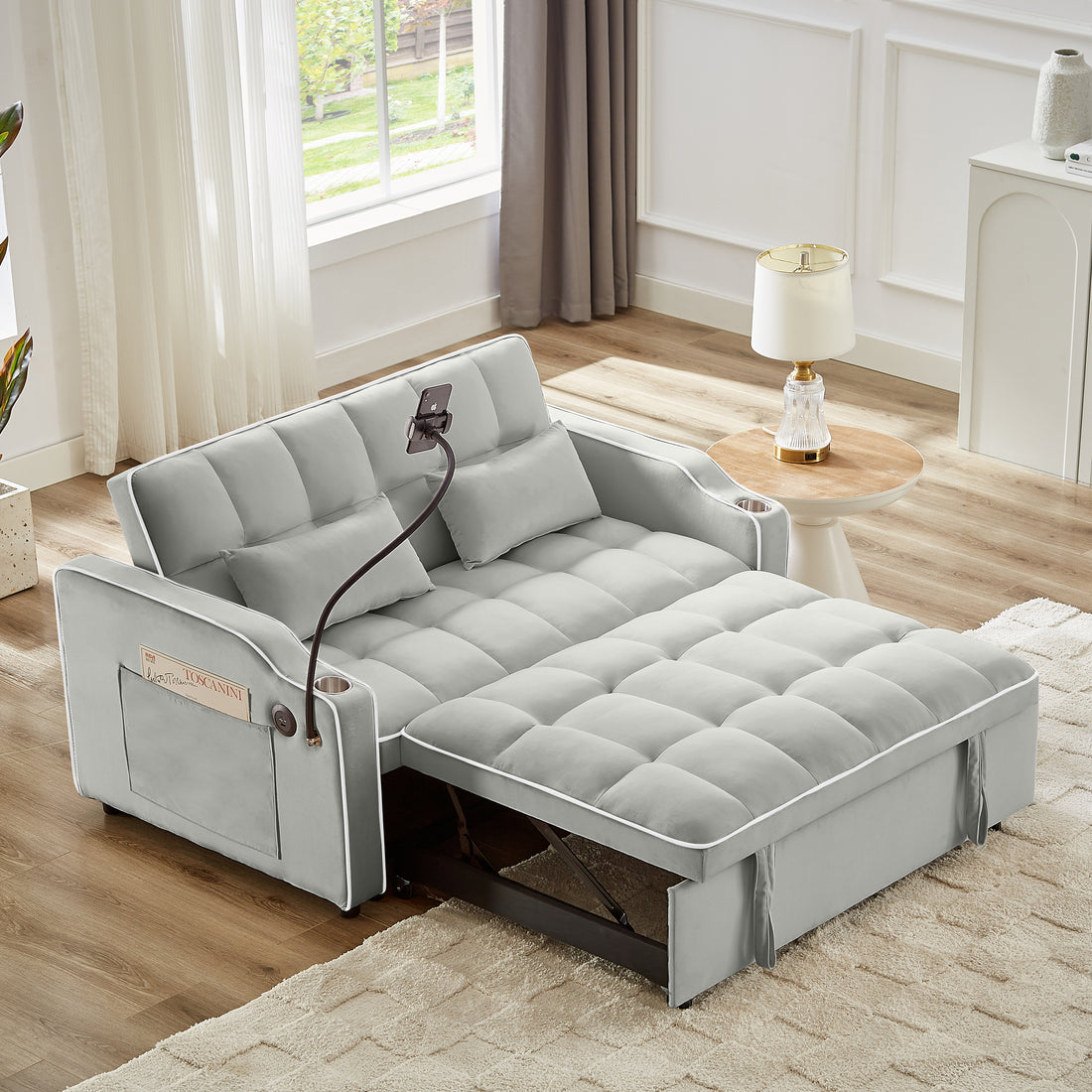 1 Versatile Foldable Sofa Bed In 3 Lengths, Modern Sofa Sofa Sofa Velvet Pull Out Bed, Adjustable Back And With Usb Port And Ashtray And Swivel Phone Stand Grey Gray Eucalyptus Solid Wood Mdf Resin 2 Seat