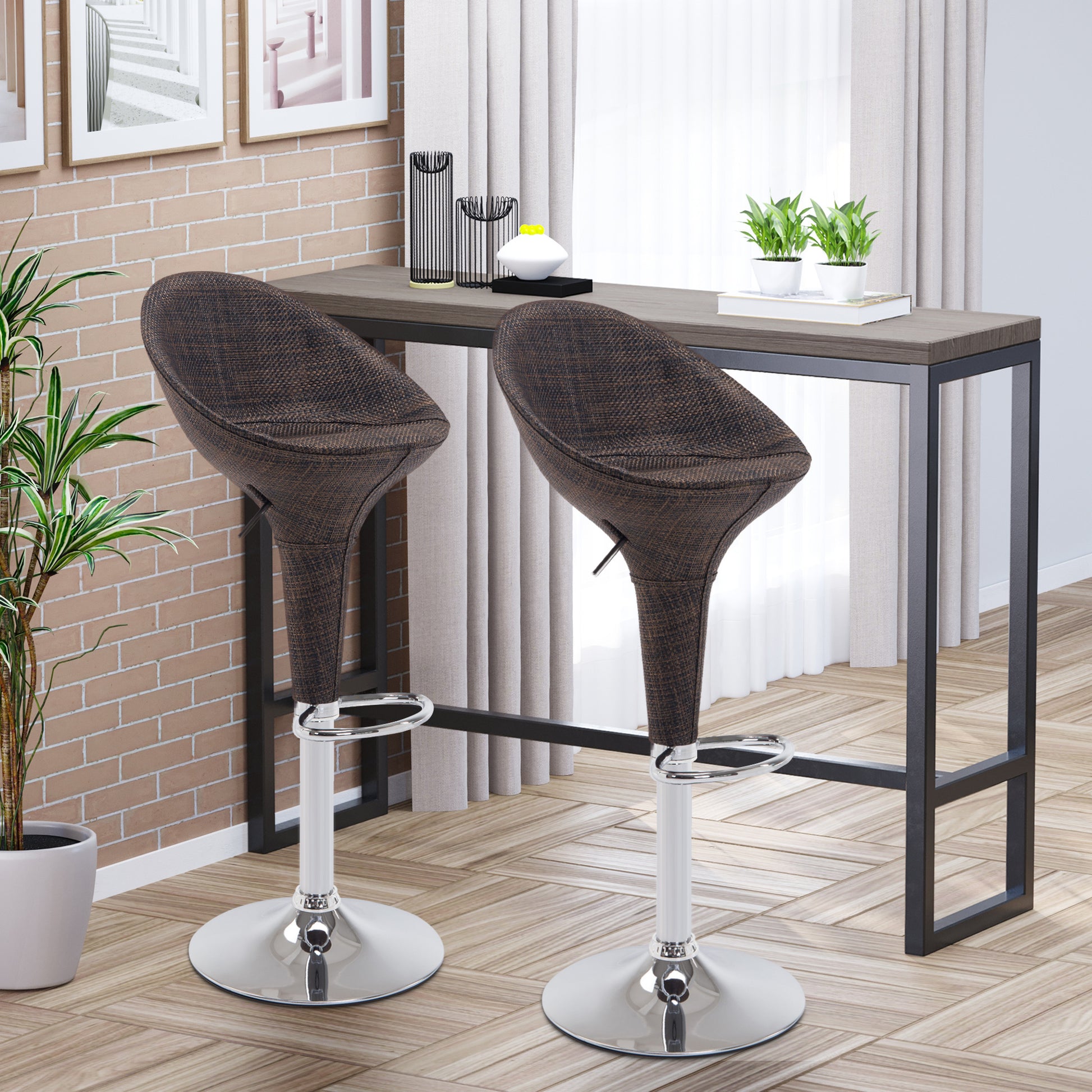 Homcom Adjustable Bar Stools Set Of 2, Rattan Bar Height Barstools With Swivel For Pub Counter Kitchen Brown Steel