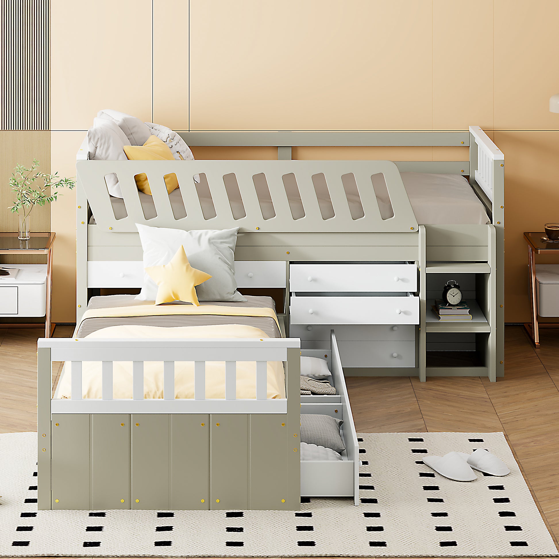 L Shaped Space Saving Twin Loft And Twin Platform Bed With 7 Drawers And Full Guardrails White Light Brown Twin Brown White Solid Wood