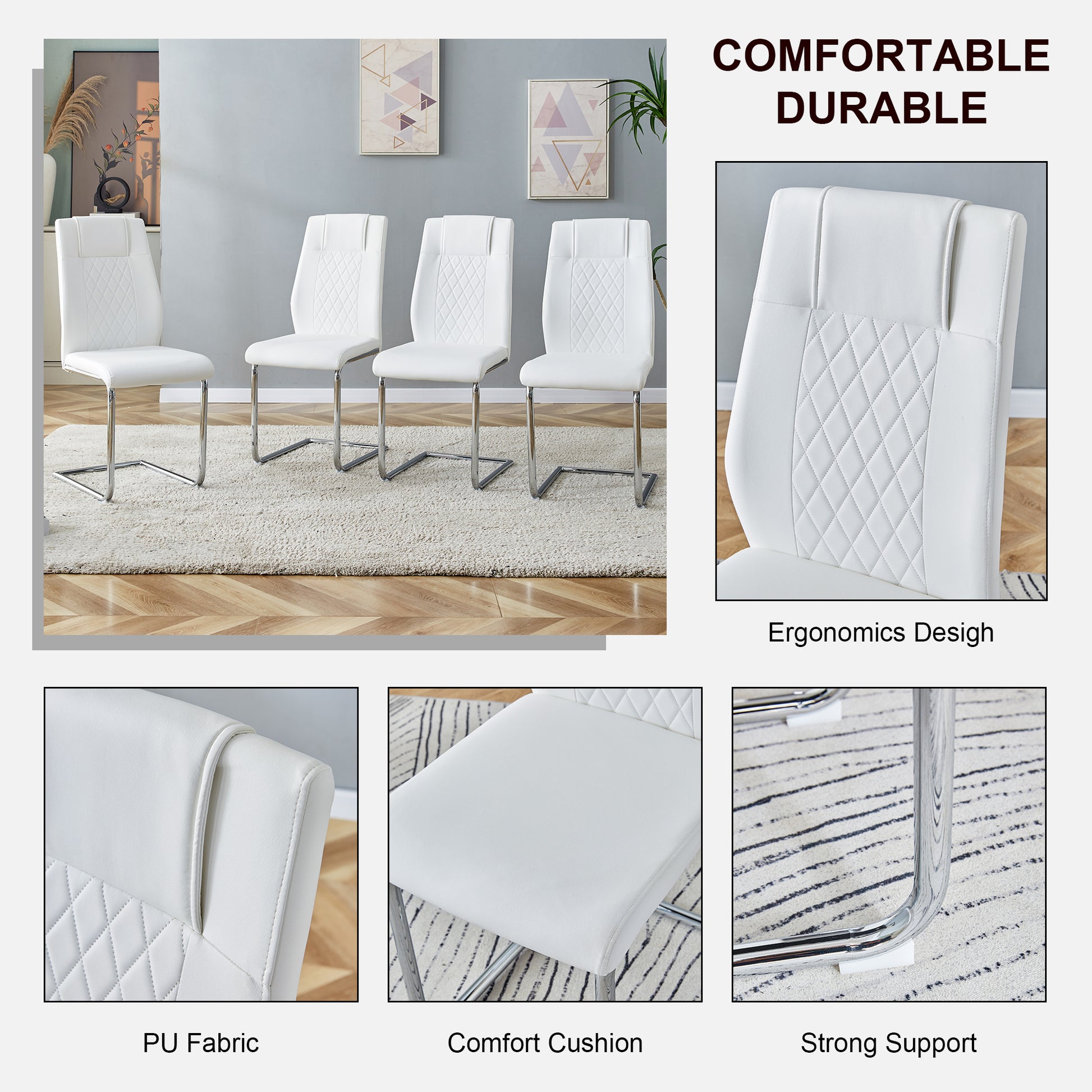 Table And Chair Set. Large Modern Rectangular Table With White Textured Top And Silver Metal Legs. Soft And Comfortable Pu Seats, Faux Leather Upholstered Seats And Sturdy Metal Legs. White Mdf Metal