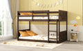 Twin Over Twin Floor Bunk Bed With Panelled Headboard And Footboard, Solid Rubber Wood Foundation With Safety Guardrails, Built In Ladder,Antique Oak Twin Antique Dark Oak Rubber Wood