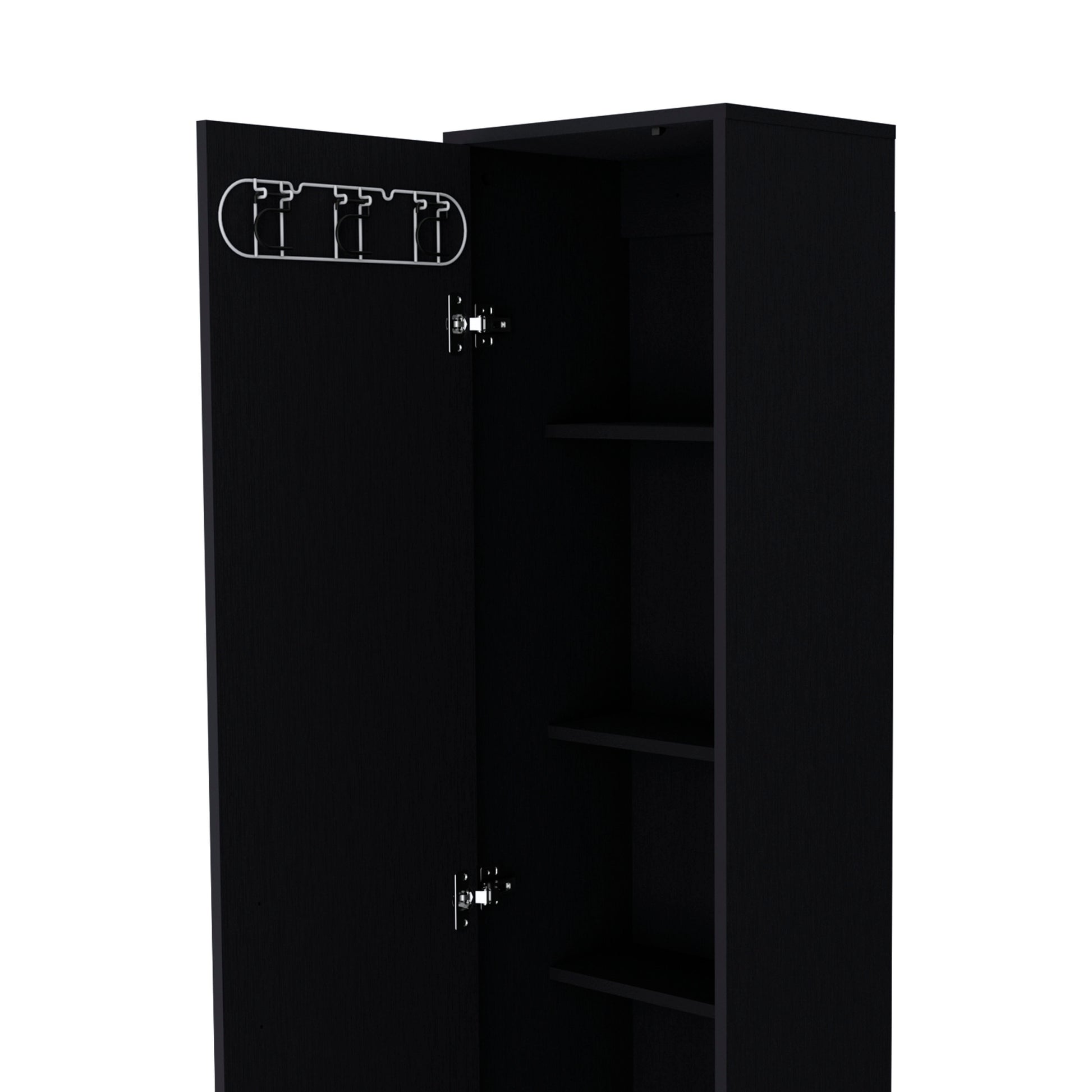 Storage Cabinet 71"H With 5 Tier Shelf, 3 Broom Hangers And Metal Hardware, Black Black Solid Wood Mdf Engineered Wood