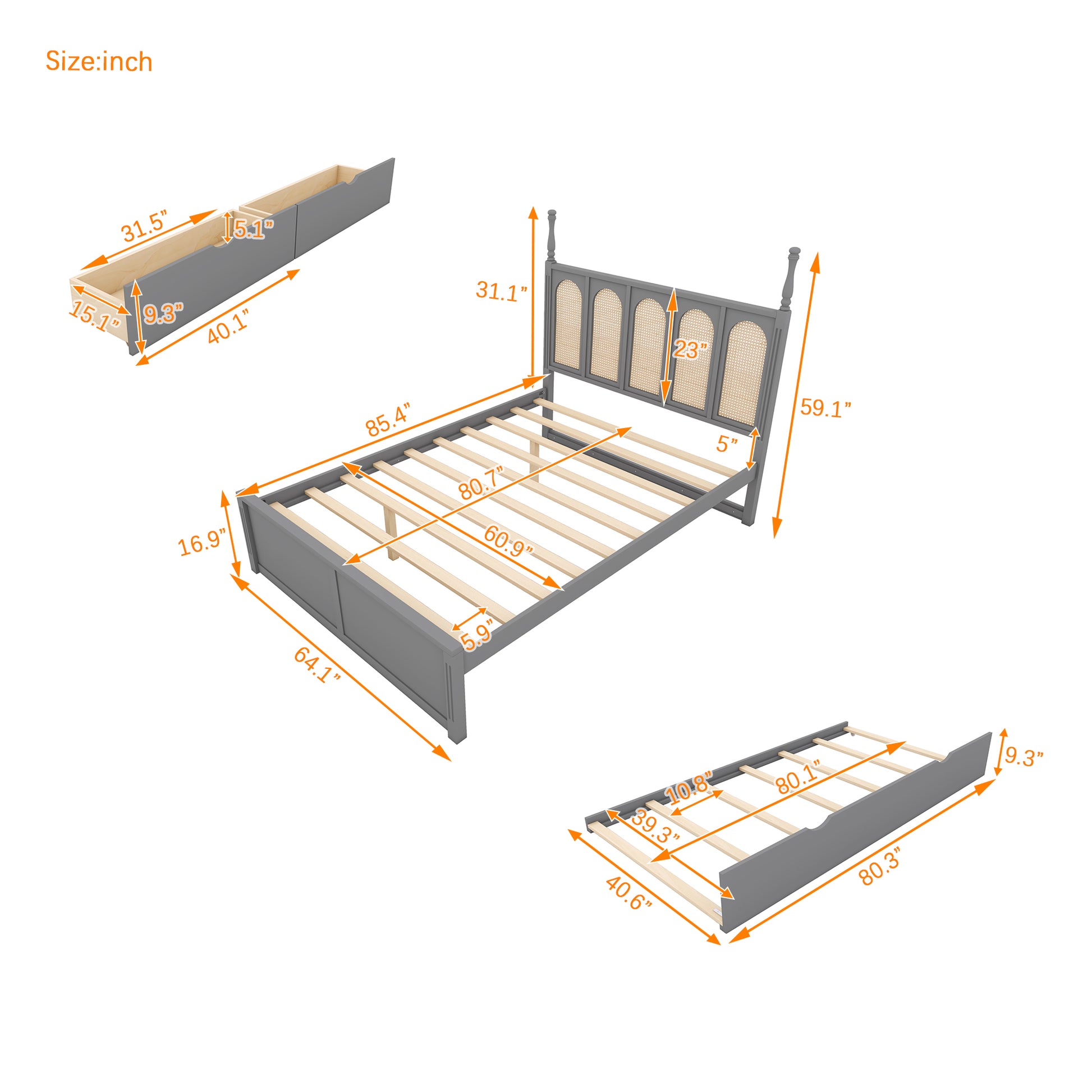 Queen Size Rattan Platform Bed With With 2 Big Drawers, T Size Trundle, Gray Queen Gray Plywood