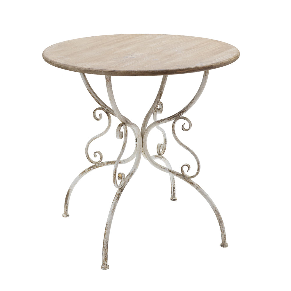 D31.5X31.5" Round Wooden Table With Metal Scrollwork Legs, White White Washed Art Deco,Boho,Farmhouse,French Country,Modern Wood Stainless Steel
