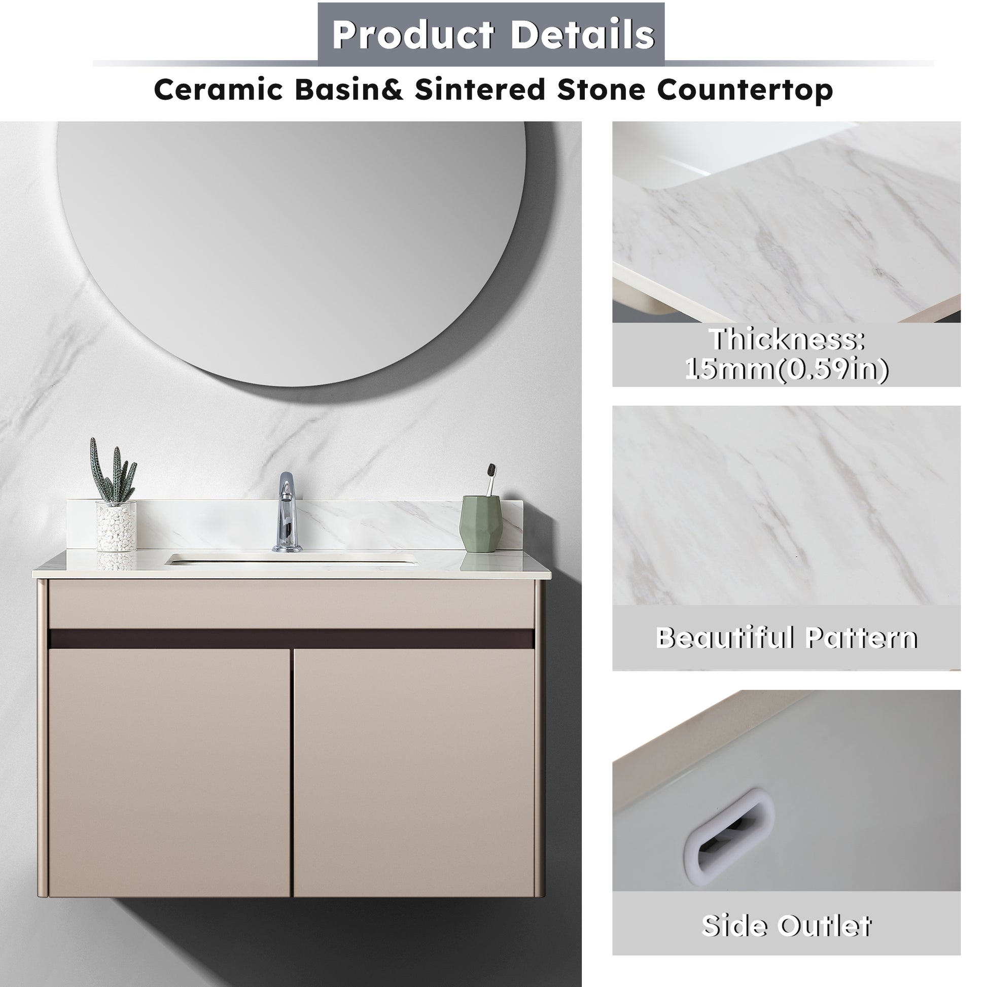 37 Inch Marble Vanity Top, White Vanity Top With Pre Drilled Faucet Holes, Bathroom Vanity Top With Undermount Rectangular Middle Sink And 4" Height Backsplash, Bianco Carrara Venato White Bathroom Sintered Stone