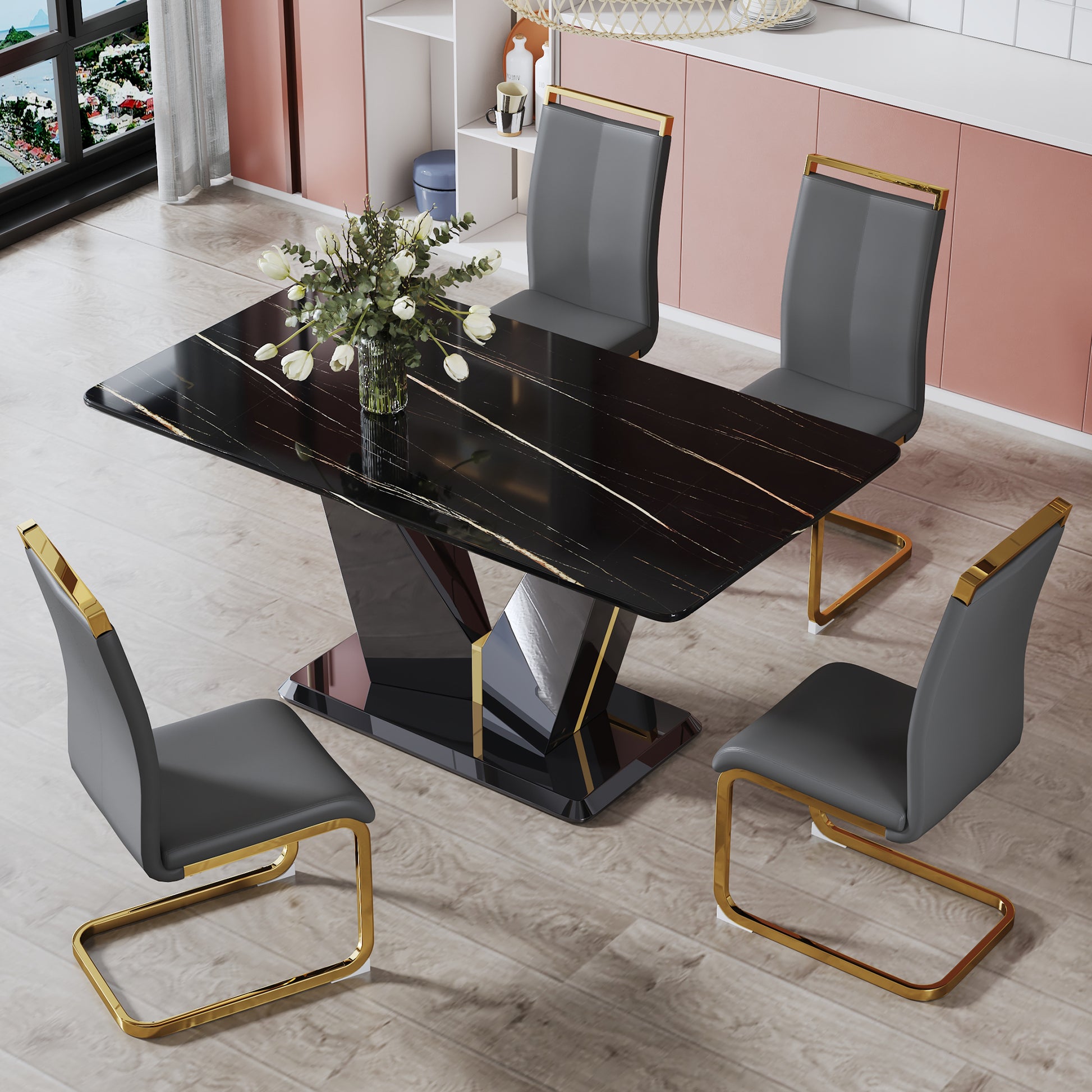Table And Chair Set,Modern Minimalist Rectangular Dining Table, 0.4 Inch Thick, With A Black Imitation Marble Pattern Desktop And Black Mdf Legs. Comfortable Pu Seats,Perfect For Dinner, Meet Grey Black Seats 4 Mdf Glass