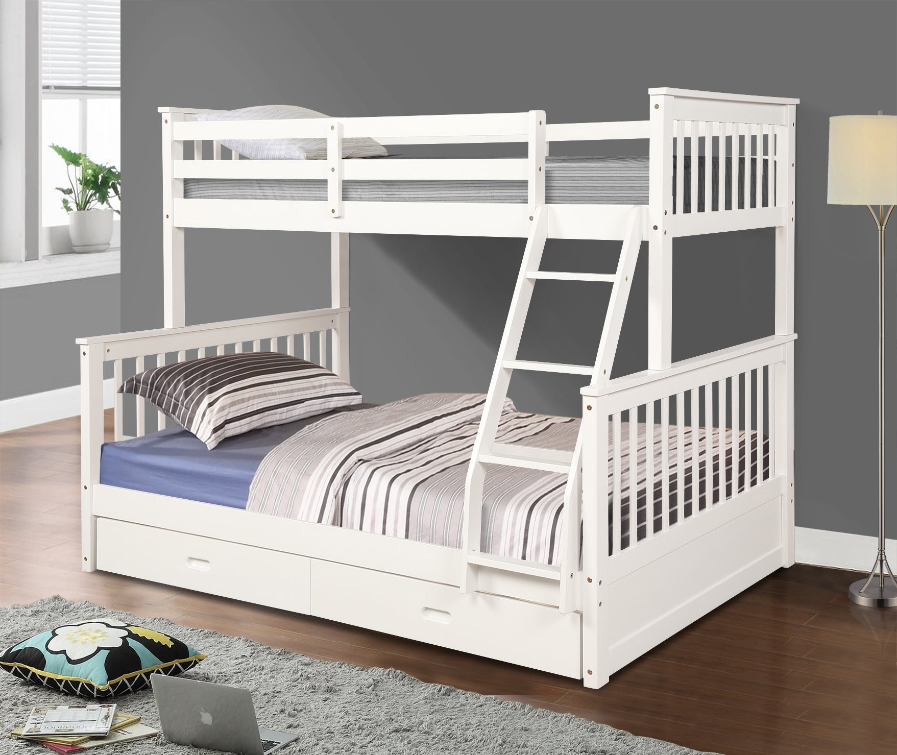 Twin Over Full Bunk Bed With Storage Drawers, Wooden Bunk Bed With Ladder And Safety Guard Rails White Full White Wood