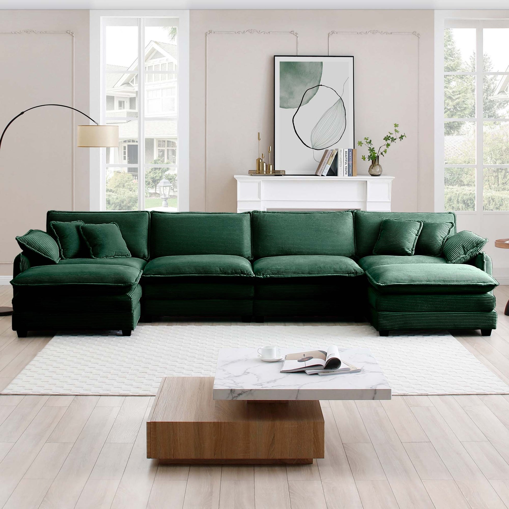 Over Size U Shape Corduroy Sofamodern Upholstered 4 Seater Sofa With 2 Ottomans, Premium Soft Corduroy Fabric Sofa Green Corduroy 4 Seat