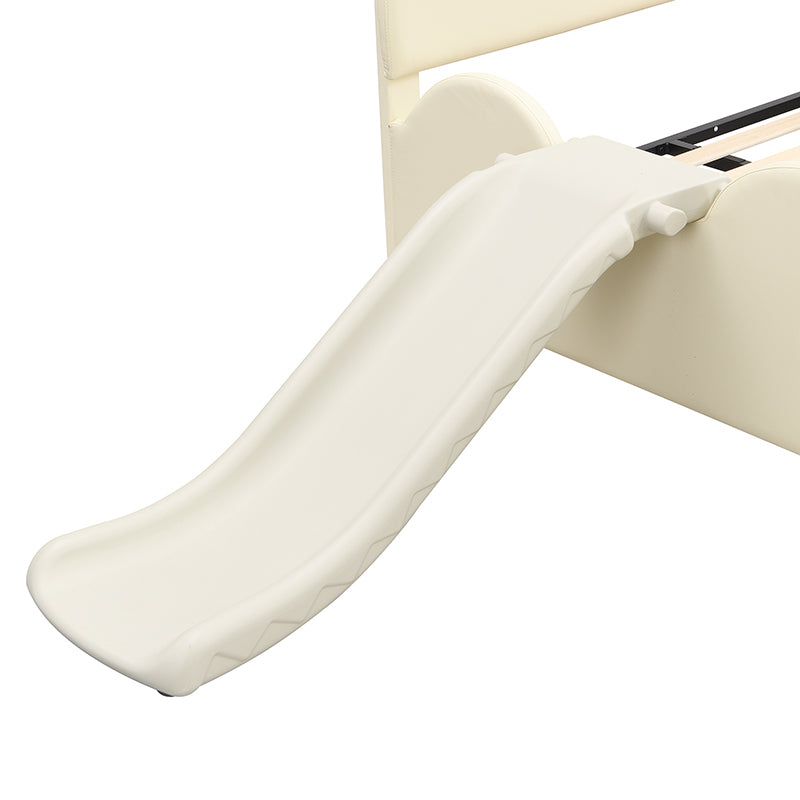 Full Size Upholstered Platform Bed With Piglet Shape Headboard And Children'S Slide, Beige Box Spring Not Required Full Beige Wood Bedroom Bed Frame Faux Leather Upholstered