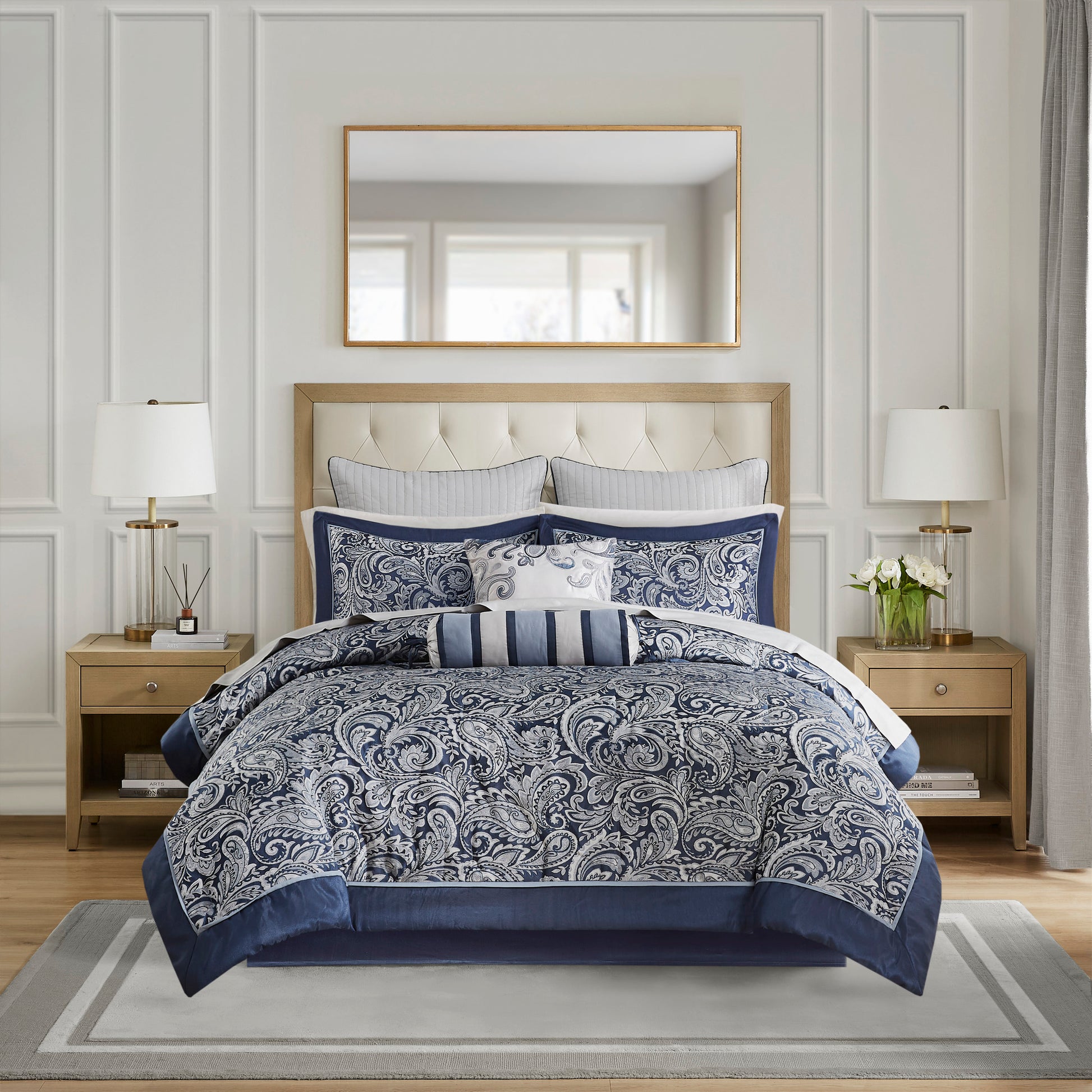 12 Piece Comforter Set With Cotton Bed Sheets Navy Queen Queen Navy Polyester