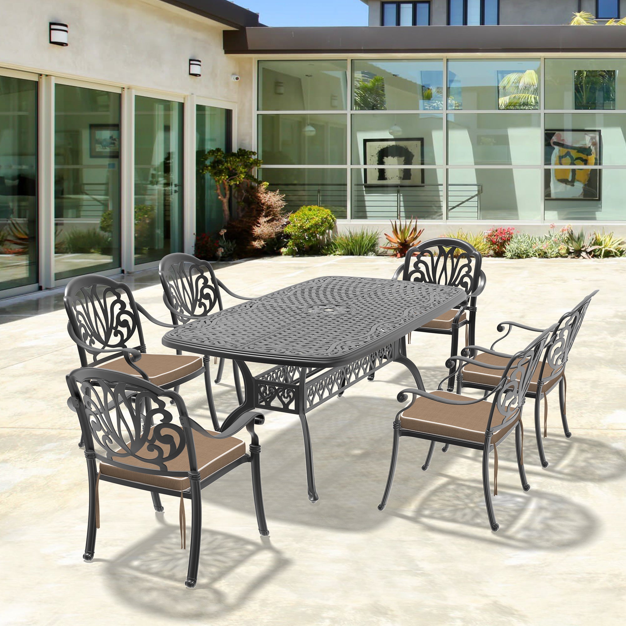 Cushions In Random Colors 7 Piece Set Of Cast Aluminum Patio Furniture With Cushions Yes Dining Set Off White Black Seats 6 Rust Resistant Frame Water Resistant Cushion Garden & Outdoor Complete Patio Sets Aluminium