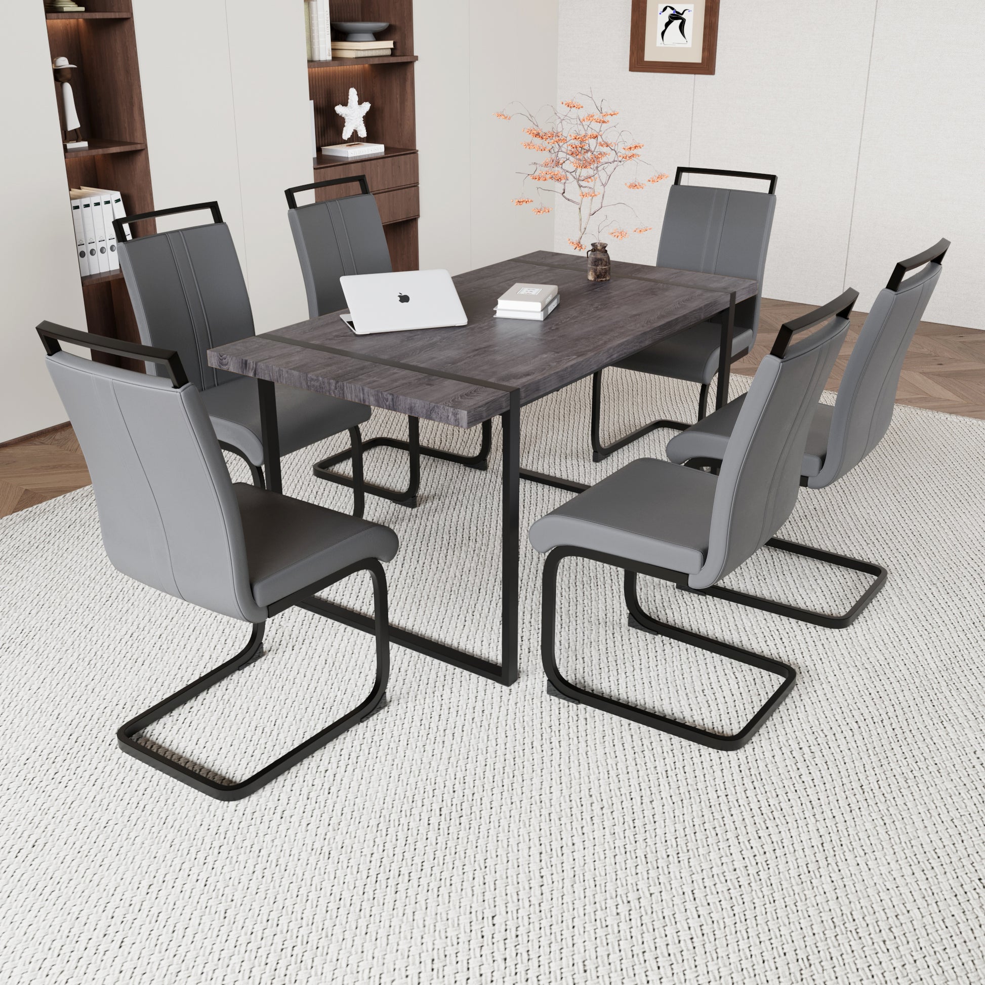 59 "Rural Industrial Rectangular Mdf Black Dining Table Set And Pu Armless Dining Chair Set, 6 Pieces. Kitchen Black Metal Table Leg Dining Chair Set Black Gray Mdf