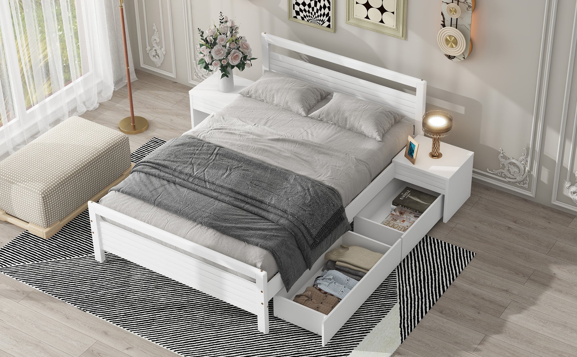 Full Size Wooden Platform Bed With 2 Storage Drawers And 2 Bedside Tables, White Full White Pine