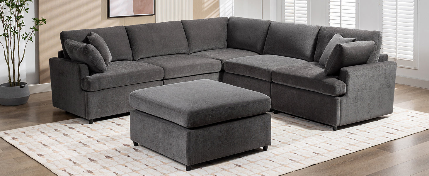 Modern Large U Shape Sectional Sofa, With Removable Ottomans For Living Room 6 Seater Gray Polyester 6 Seat