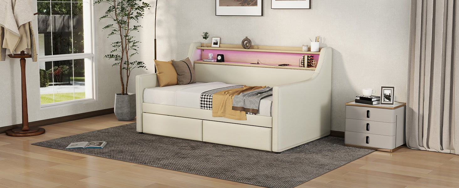 Twin Size Daybed With Storage Drawers, Upholstered Daybed With Charging Station And Led Lights, Beige Expect Arrive Date: Jun.,20Th. Twin Beige Pu Leather
