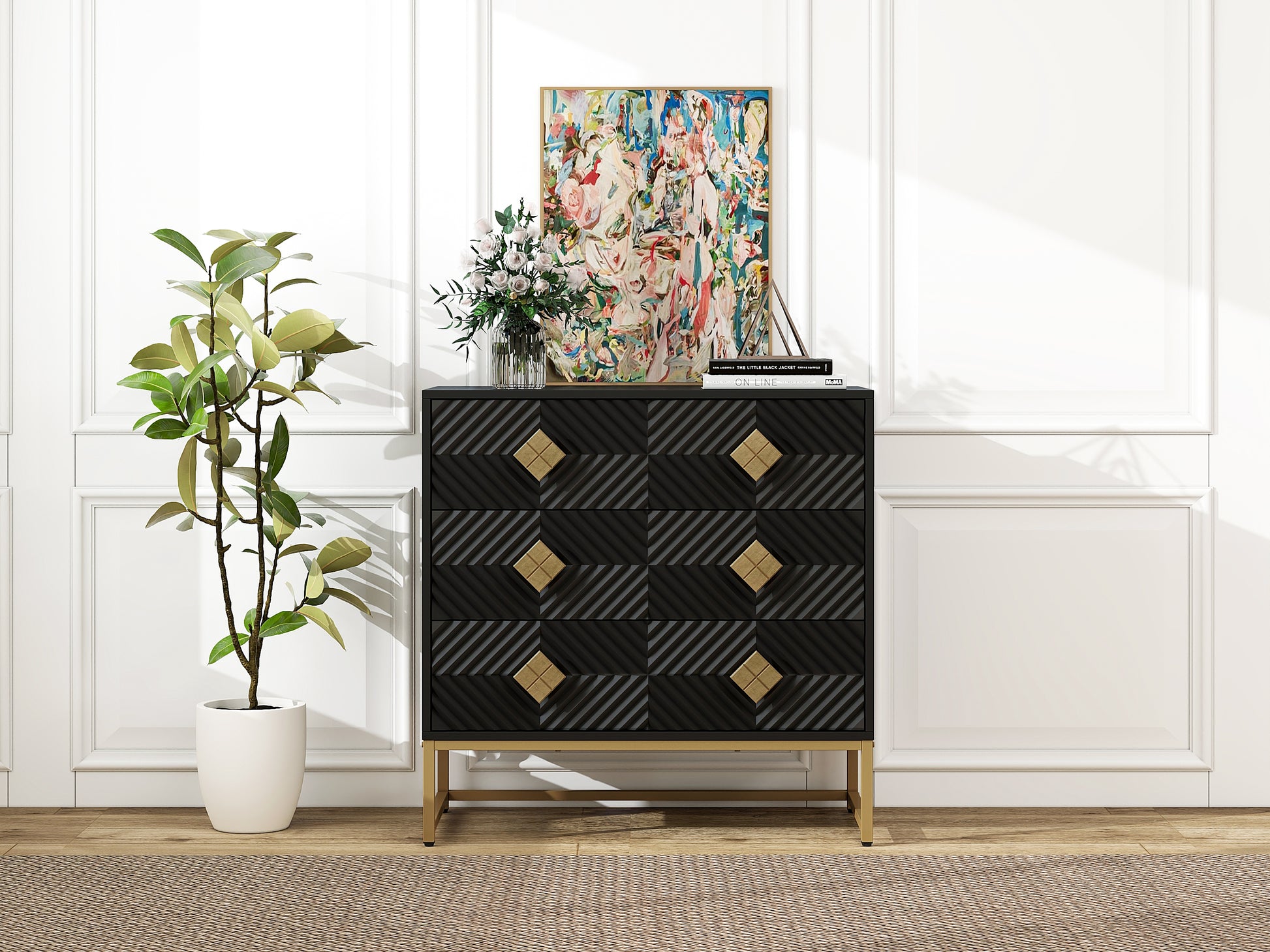 3 Drawer Storage Cabinet,3 Drawer Modern Dresser, Chest Of Drawers With Decorative Embossed Pattern Door For Entryway,Living Room,Bed Room Black Particle Board Mdf