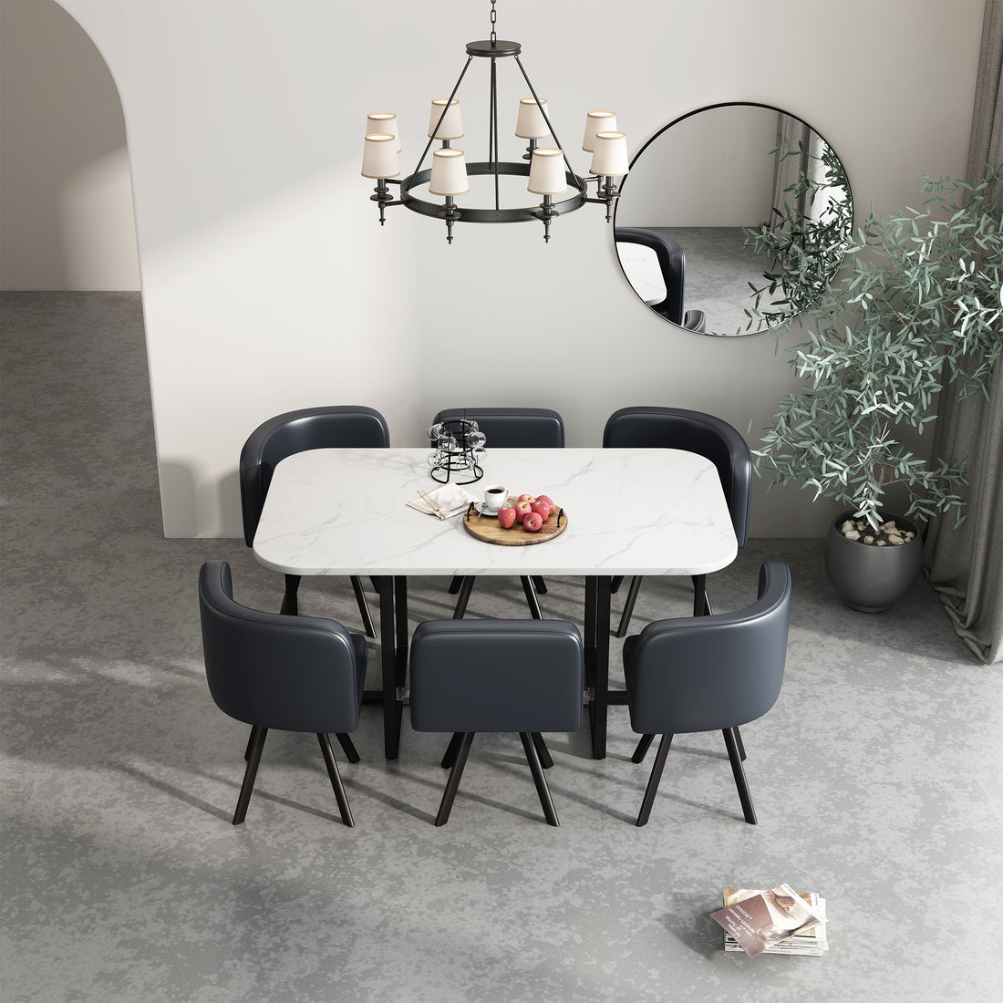 Modern 7 Pieces Dining Table Set, Rectangle Dining Table With 6 Chairs For Dining Room, Kitchen Black Pu Leather