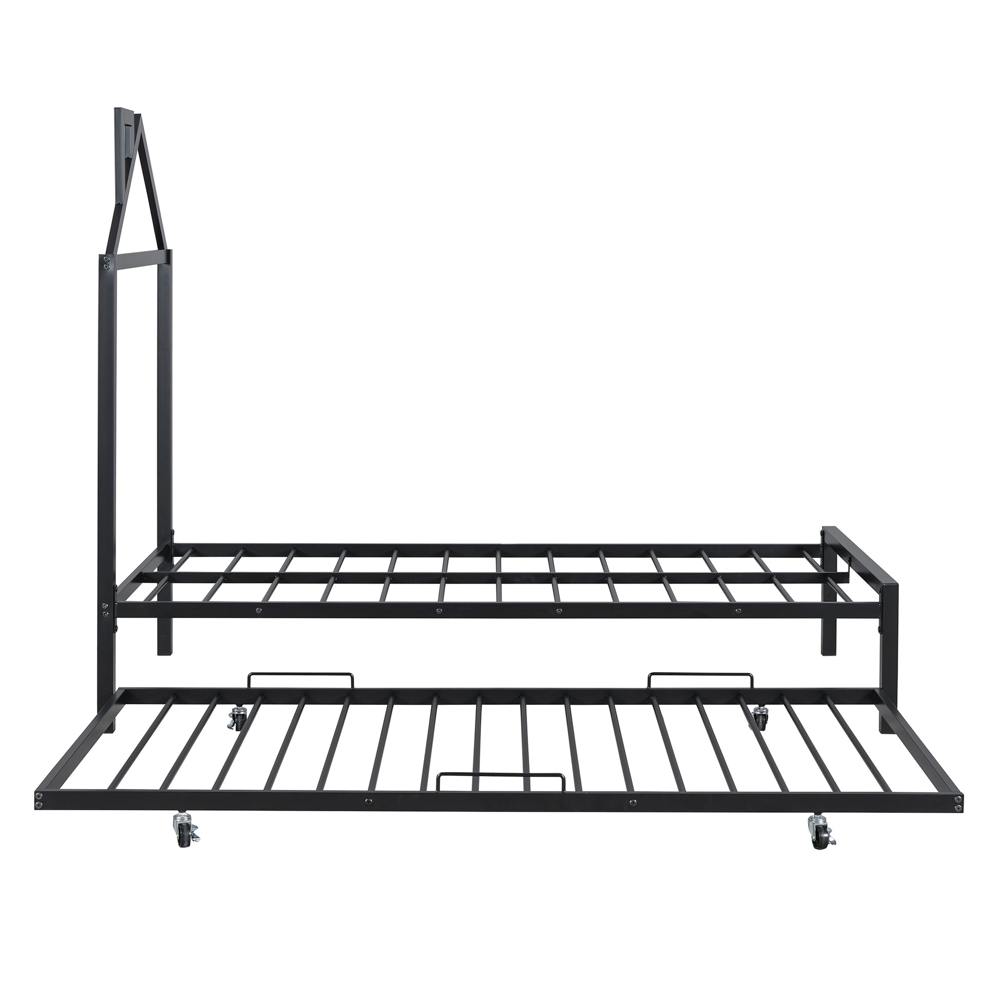 Twin Size Metal Platform Bed With Twin Size Trundle,House Shaped Headboard Design, Black Twin Black Metal